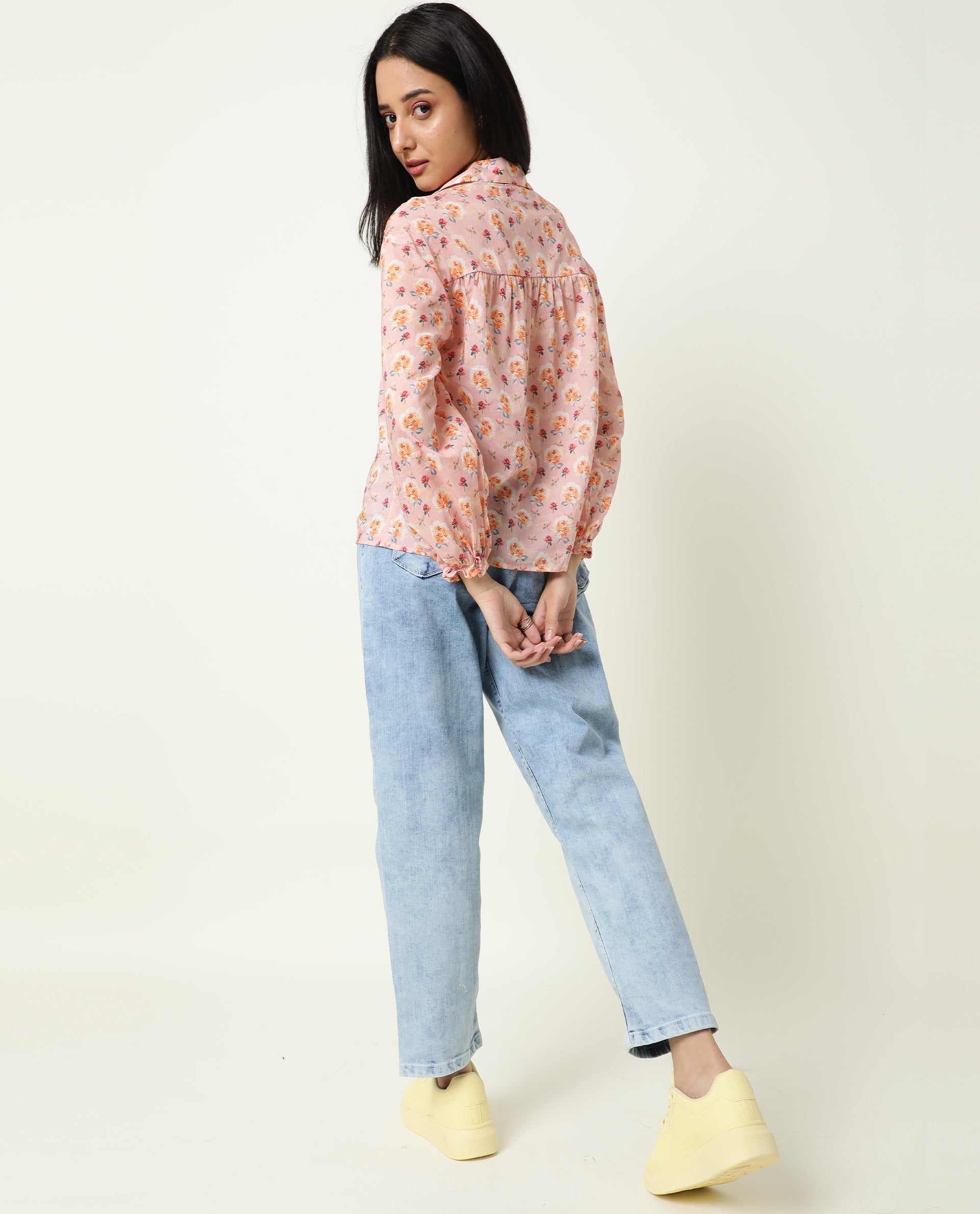 Rareism Women Joyce Pink Cotton Fabric Regular Fit Shirt Collar Full Sleeves Floral Print Top