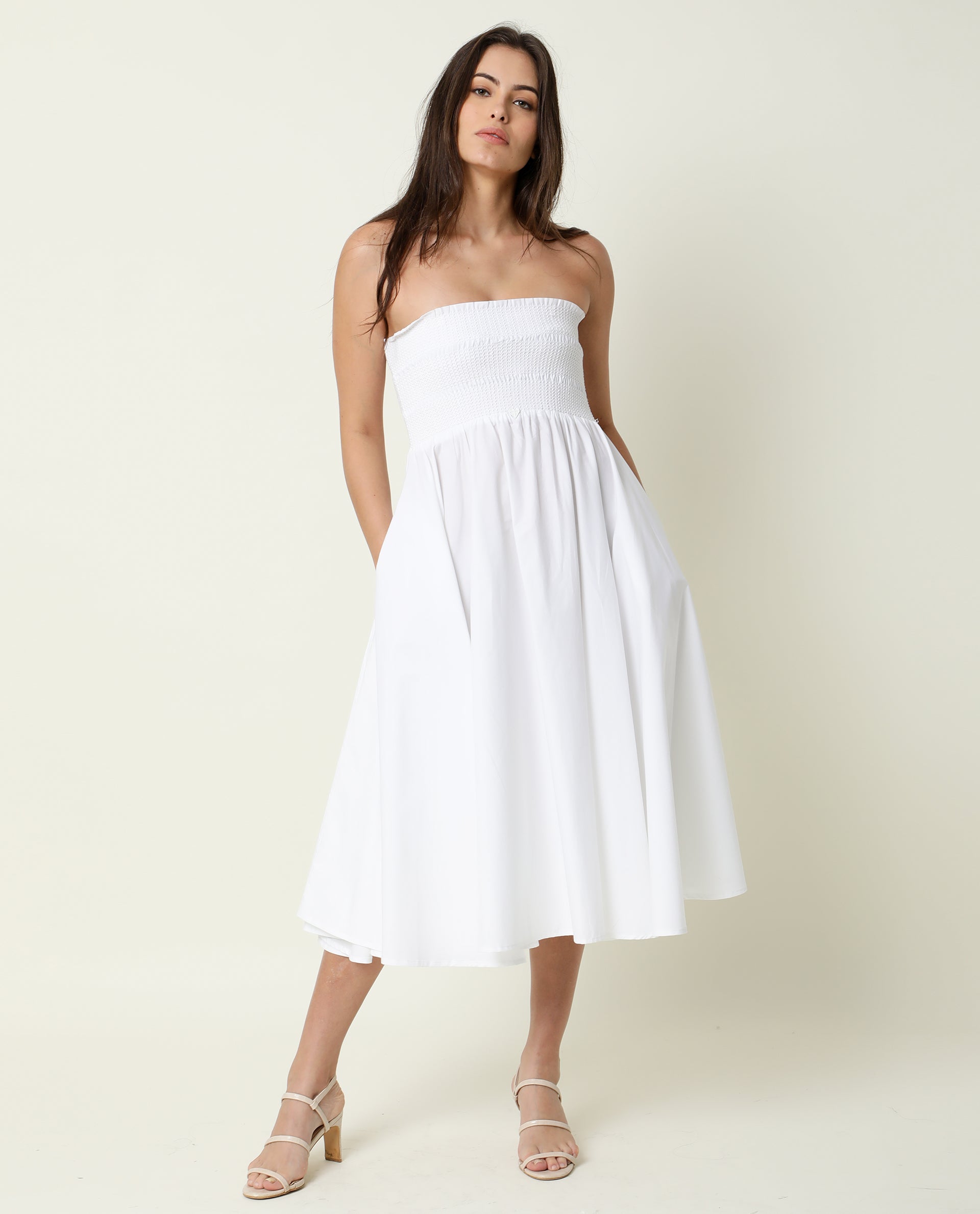 Rareism Womens Nola White Dress Cotton Lycra Fabric Regular Fit Sleeveless Tube Neck