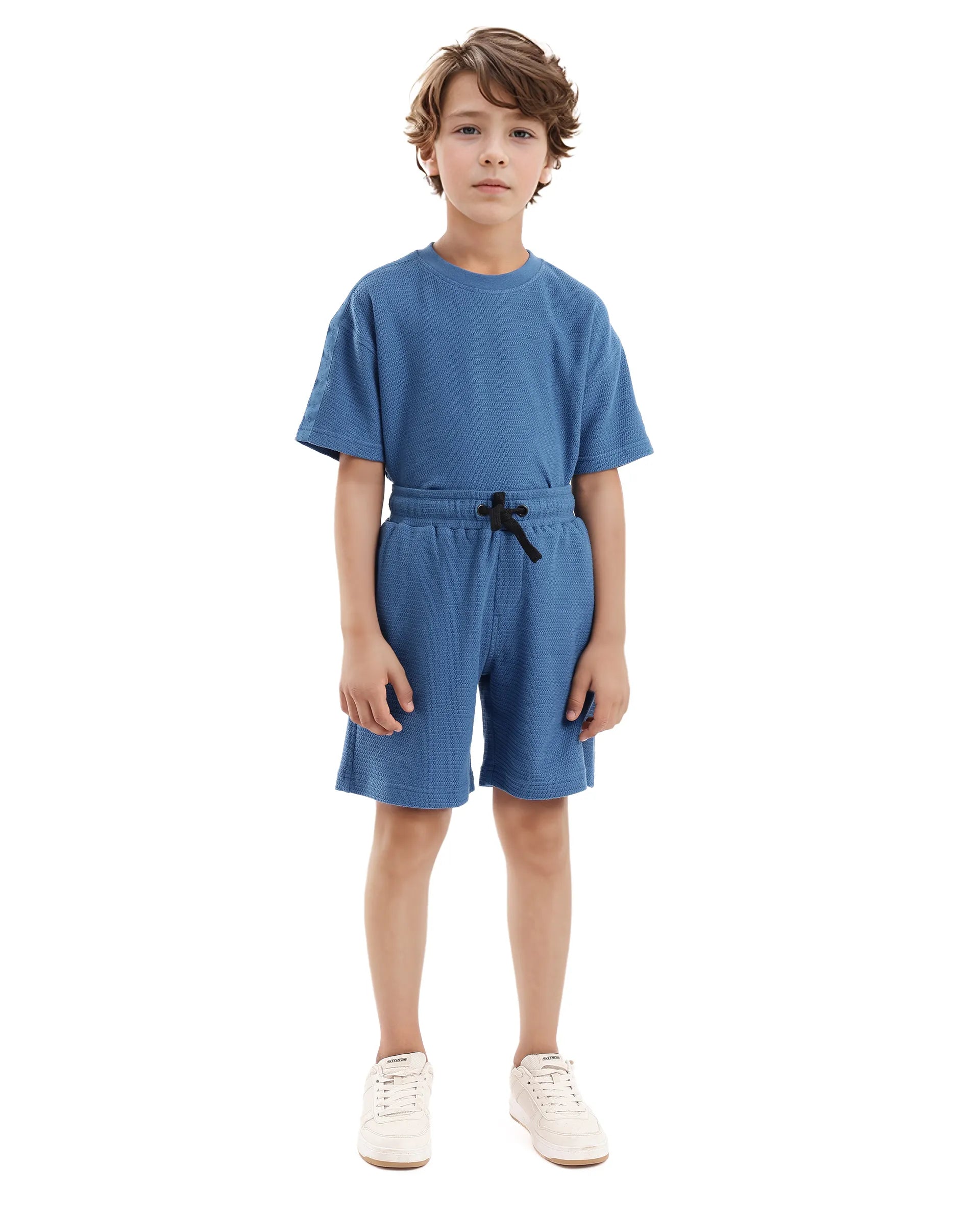 Rare Ones Kids Cole Teal Cotton Solid Drawstring Closure Textured Shorts