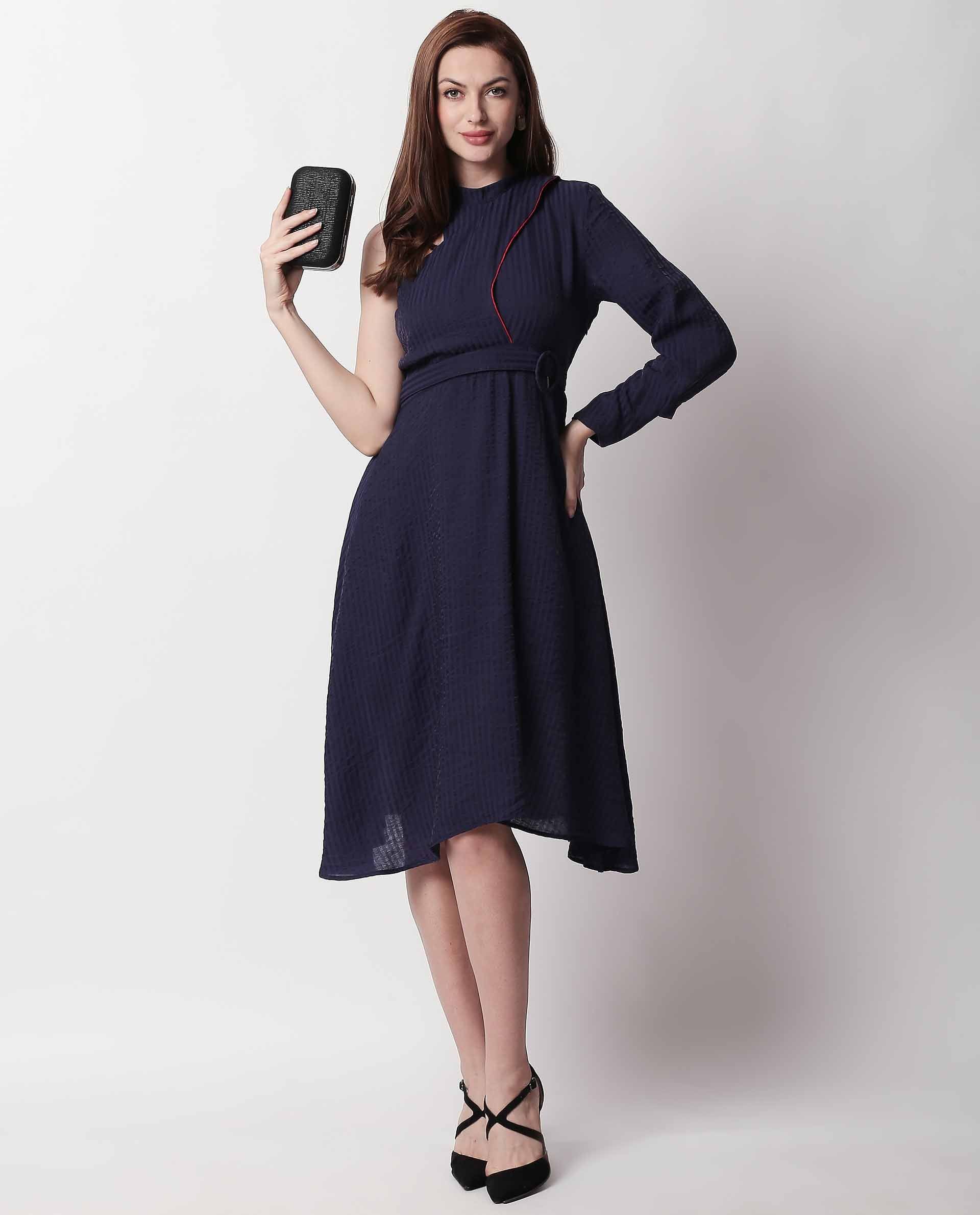 Rareism Women Carnival Navy One Shoulder Full Sleeve With Fabric Waist Belt Flared Knee Length Dress