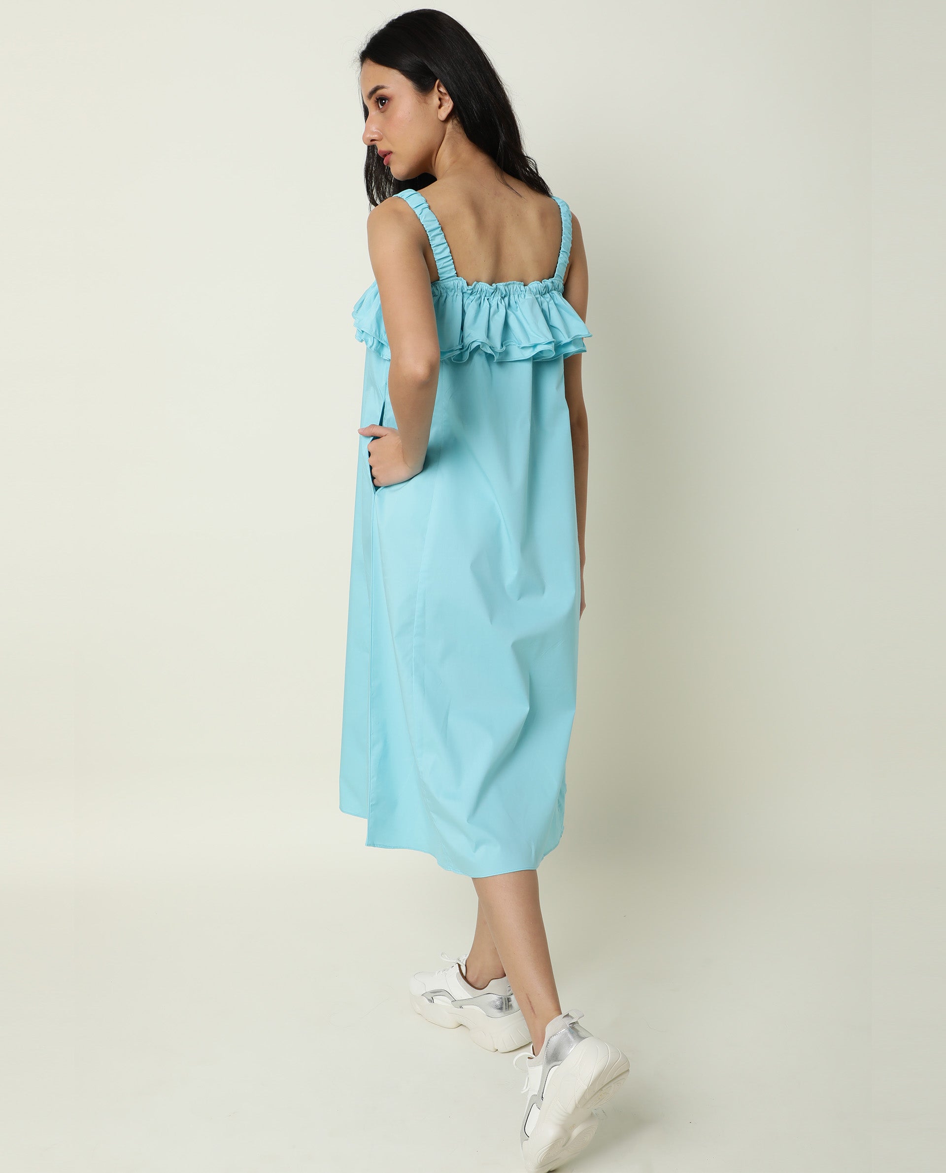 Rareism Women Lens Blue Sleeveless Shoulder Strap Ruffled Square Neck With Pockets Midi Dress