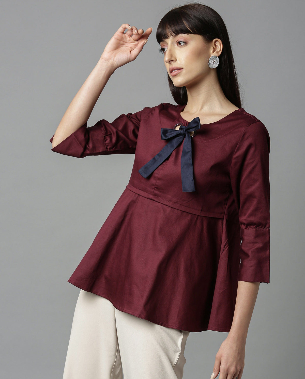 Rareism Women Rody Maroon Top Short Sleeves Solid