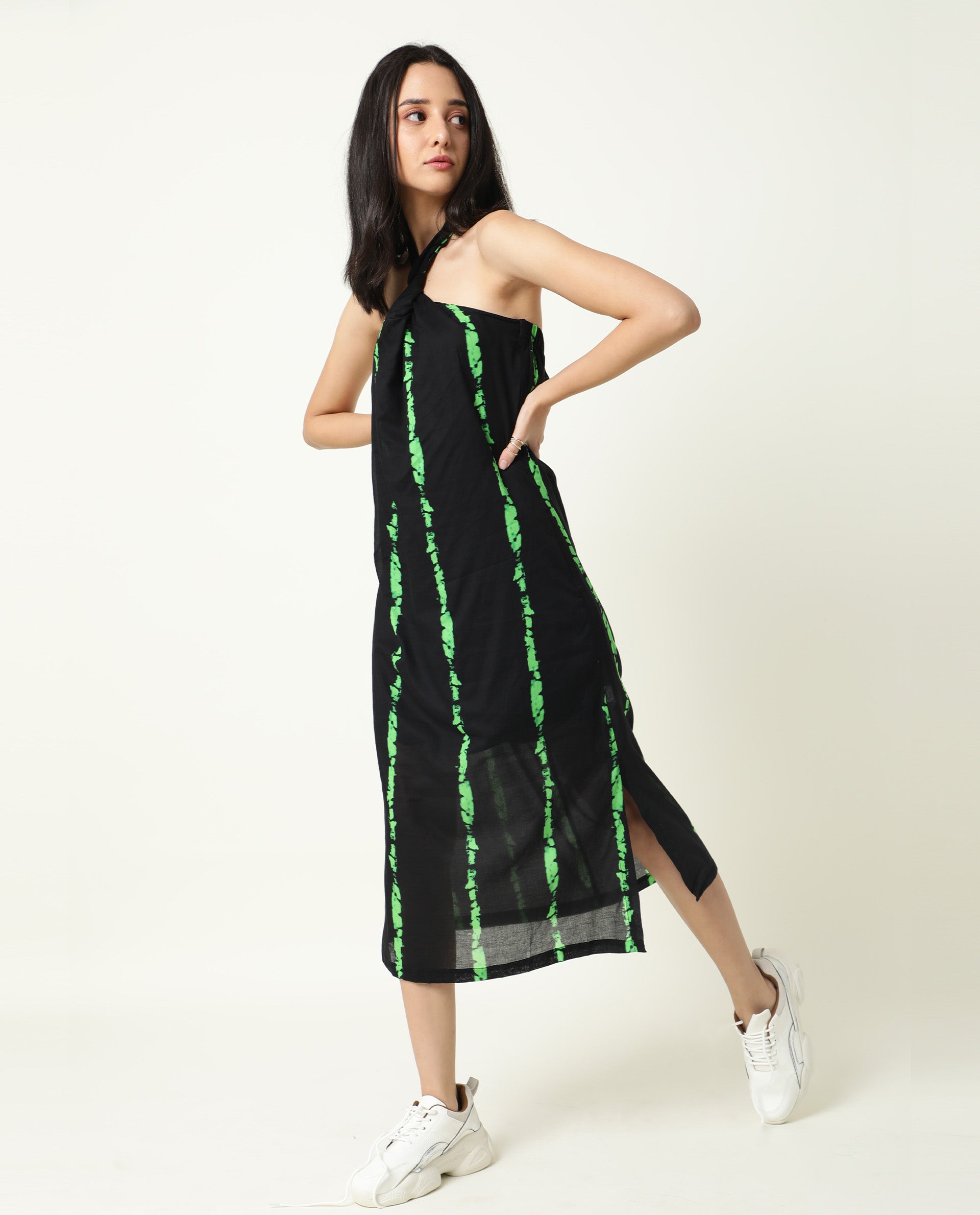 Rareism Women Heron Black Striped Halter Neck Back Tie-Up With Side Slits Midi Dress