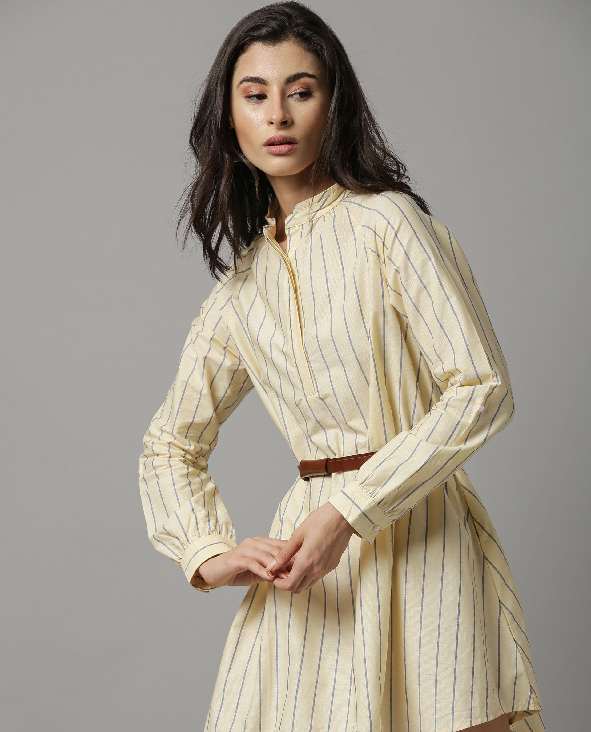 Rareism Women Sally Yellow Dress Full Sleeves Stripe