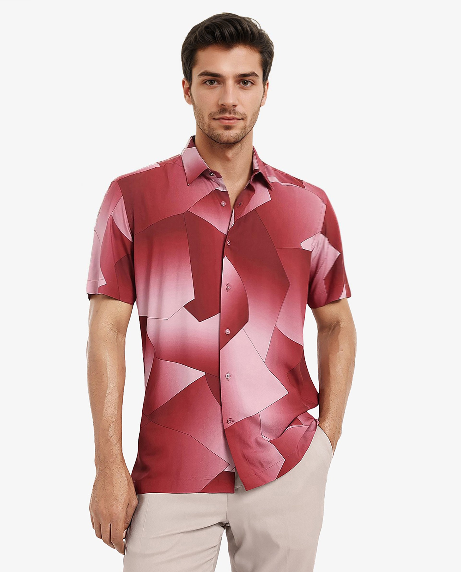 Rare Rabbit Men's Caplets Red Modal Fabric Abstract Print Half Sleeves Shirt