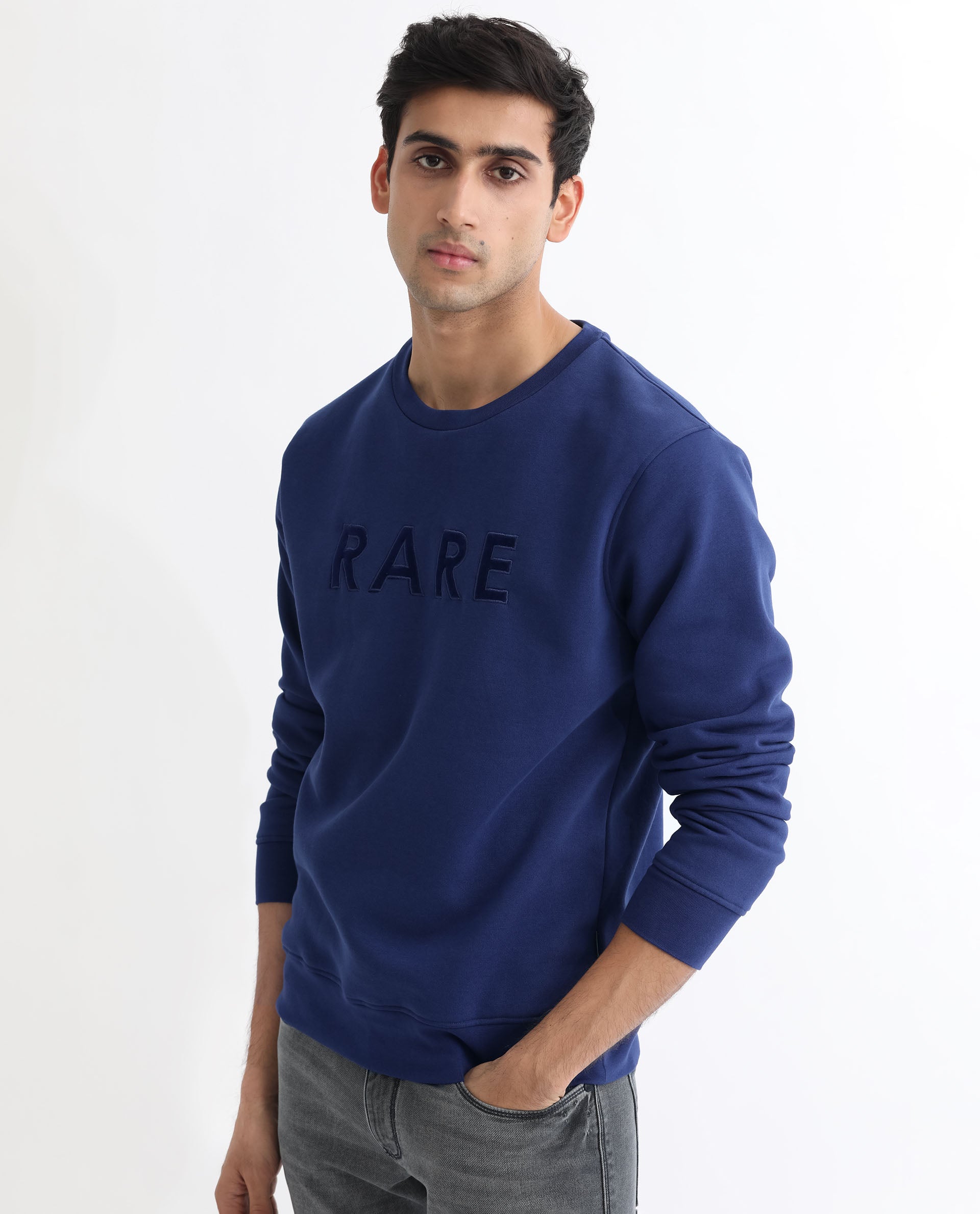 Rare Rabbit Men's Robbs Purple Cotton Polyester Full Sleeves Graphic Printed Logo Knitted Sweatshirt