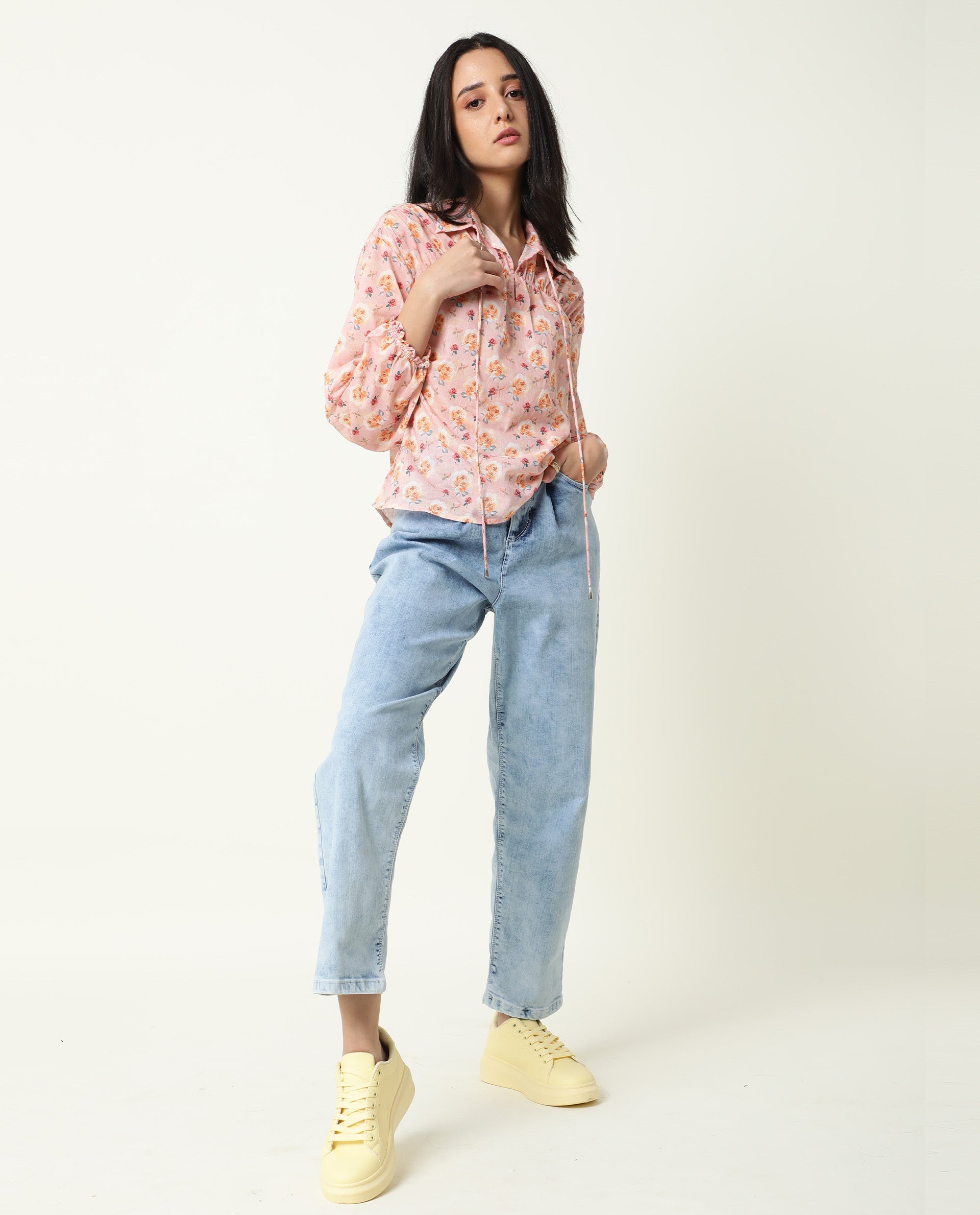 Rareism Women Joyce Pink Cotton Fabric Regular Fit Shirt Collar Full Sleeves Floral Print Top