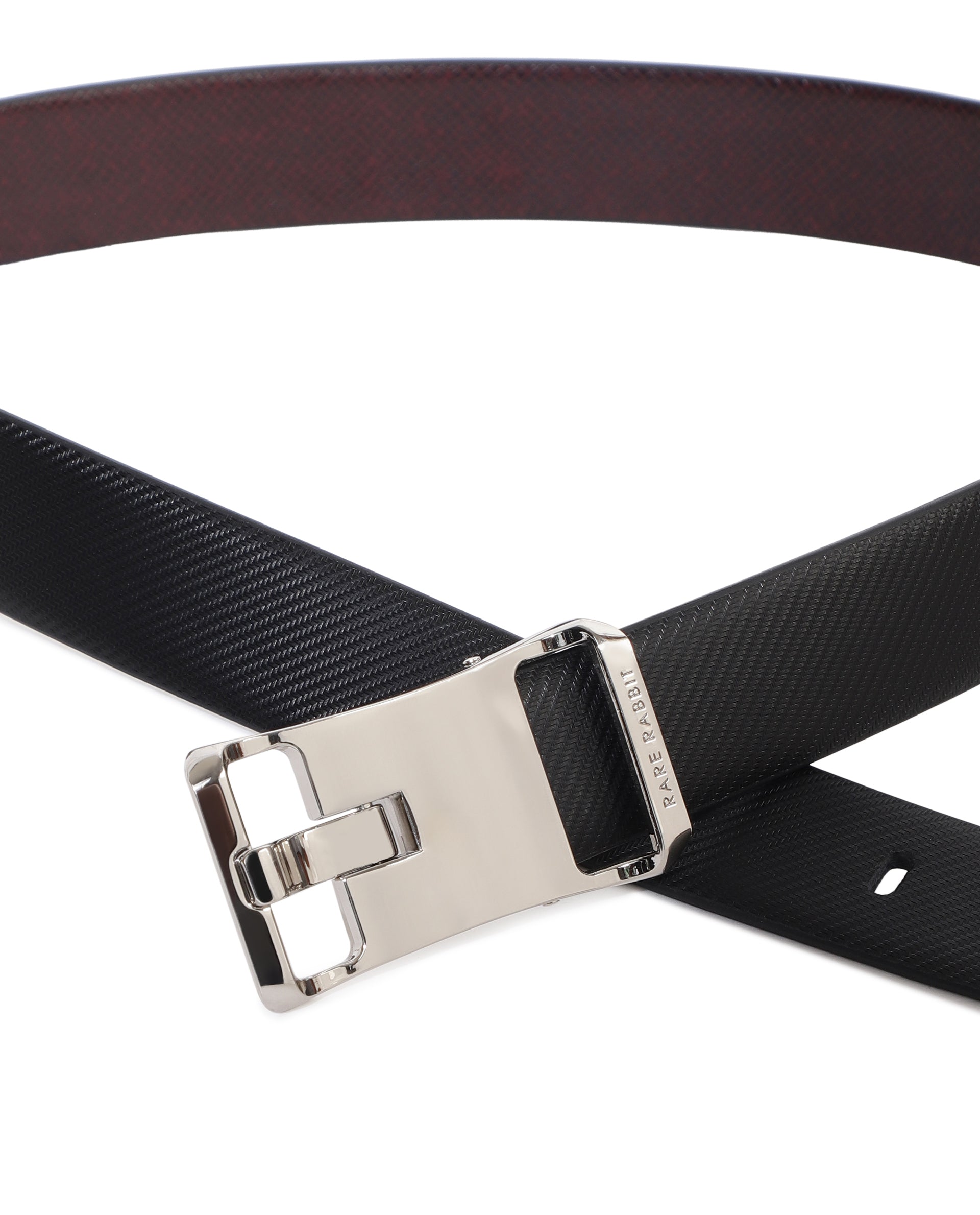 Reversible belt in burgundy saffiano and black leather