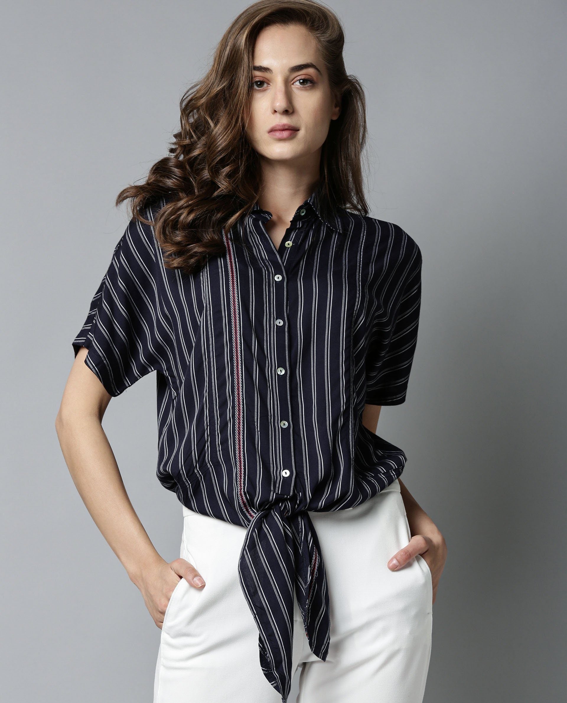 Rareism Womens Ciaga Navy Shirt Three Fourth Sleeve Band Collar