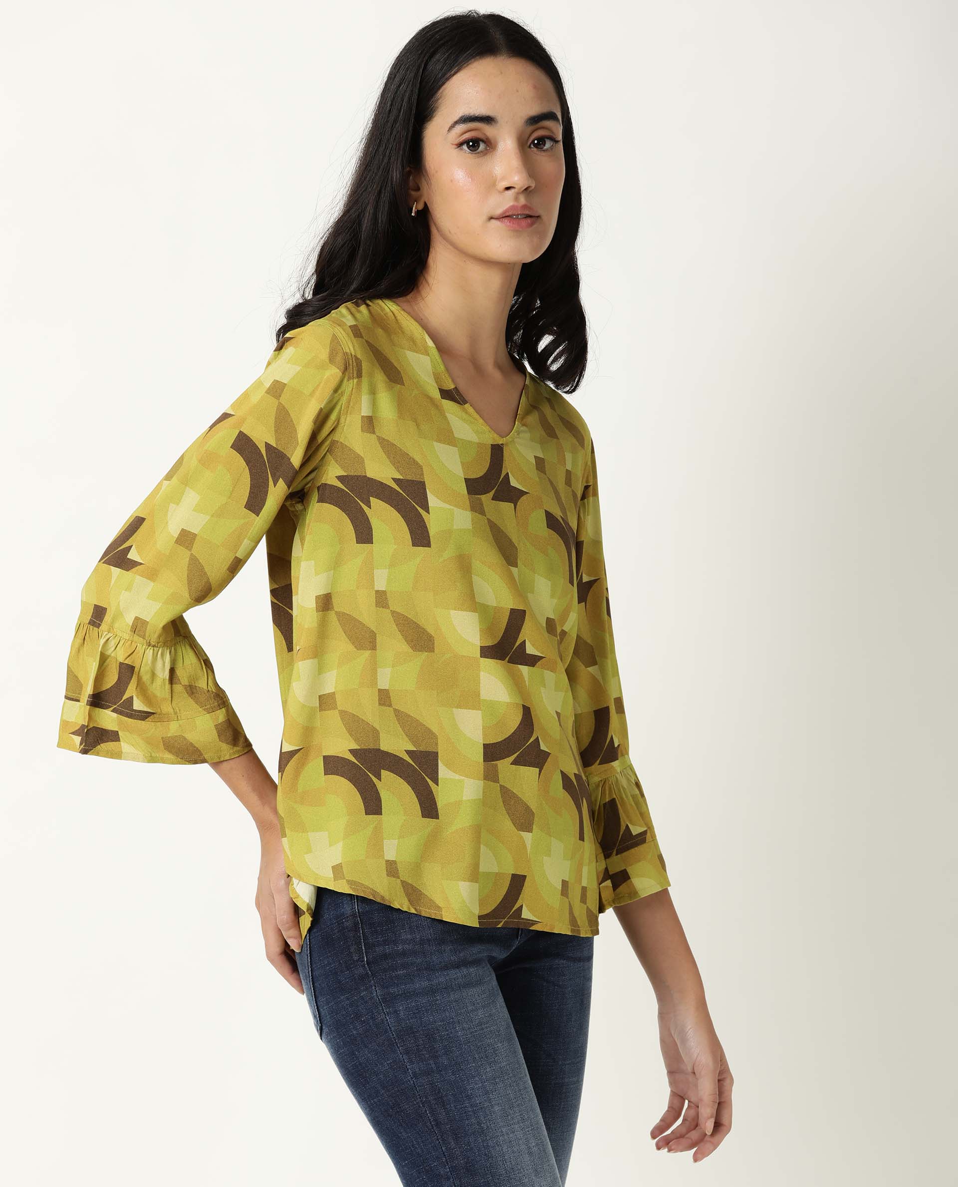 Rareism Womens Flex Green Top Regular Fit Balloon Sleeve V Neck