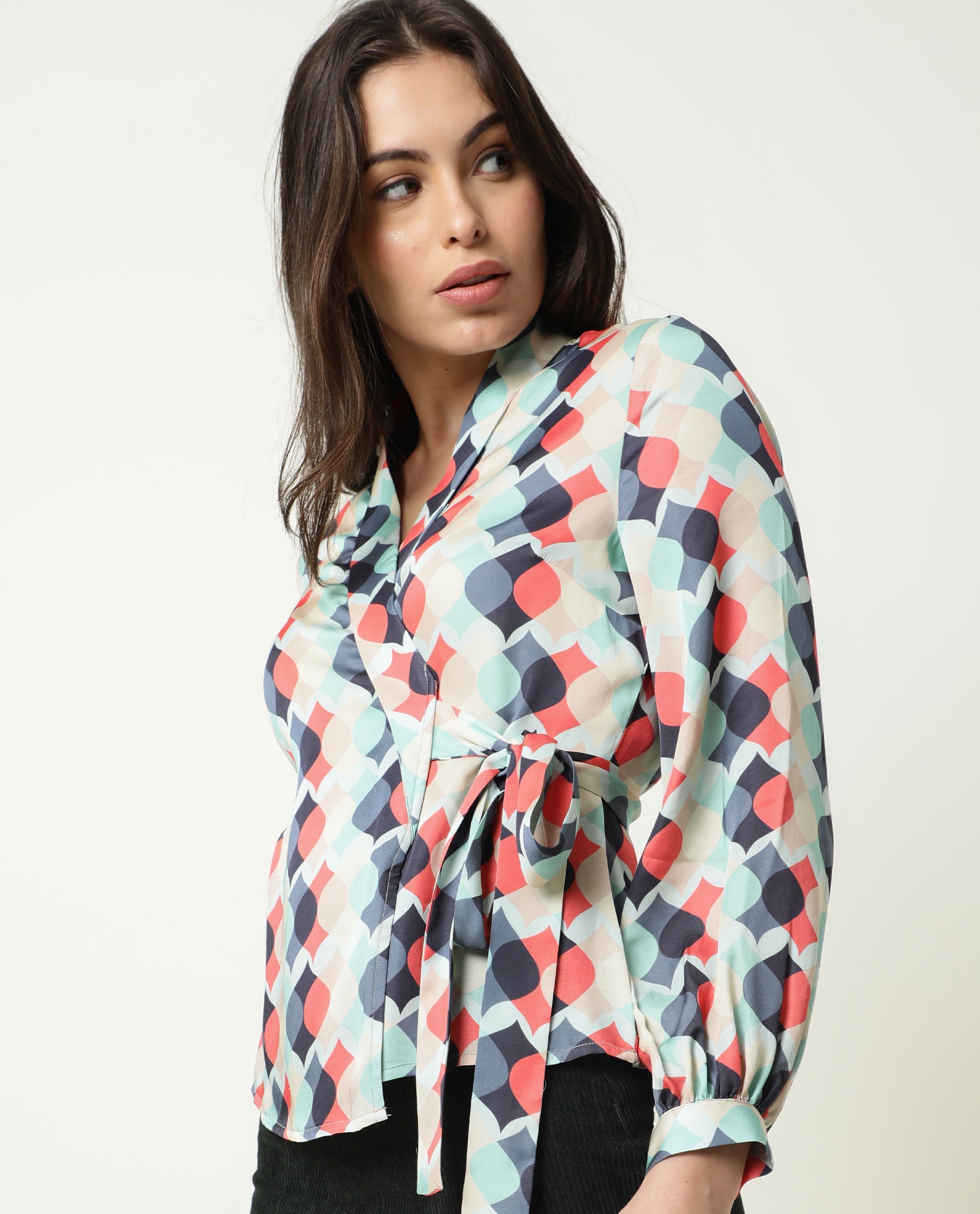 Rareism Womens Golf Multi Top Modal Satin Fabric  Full Sleeve V Neck