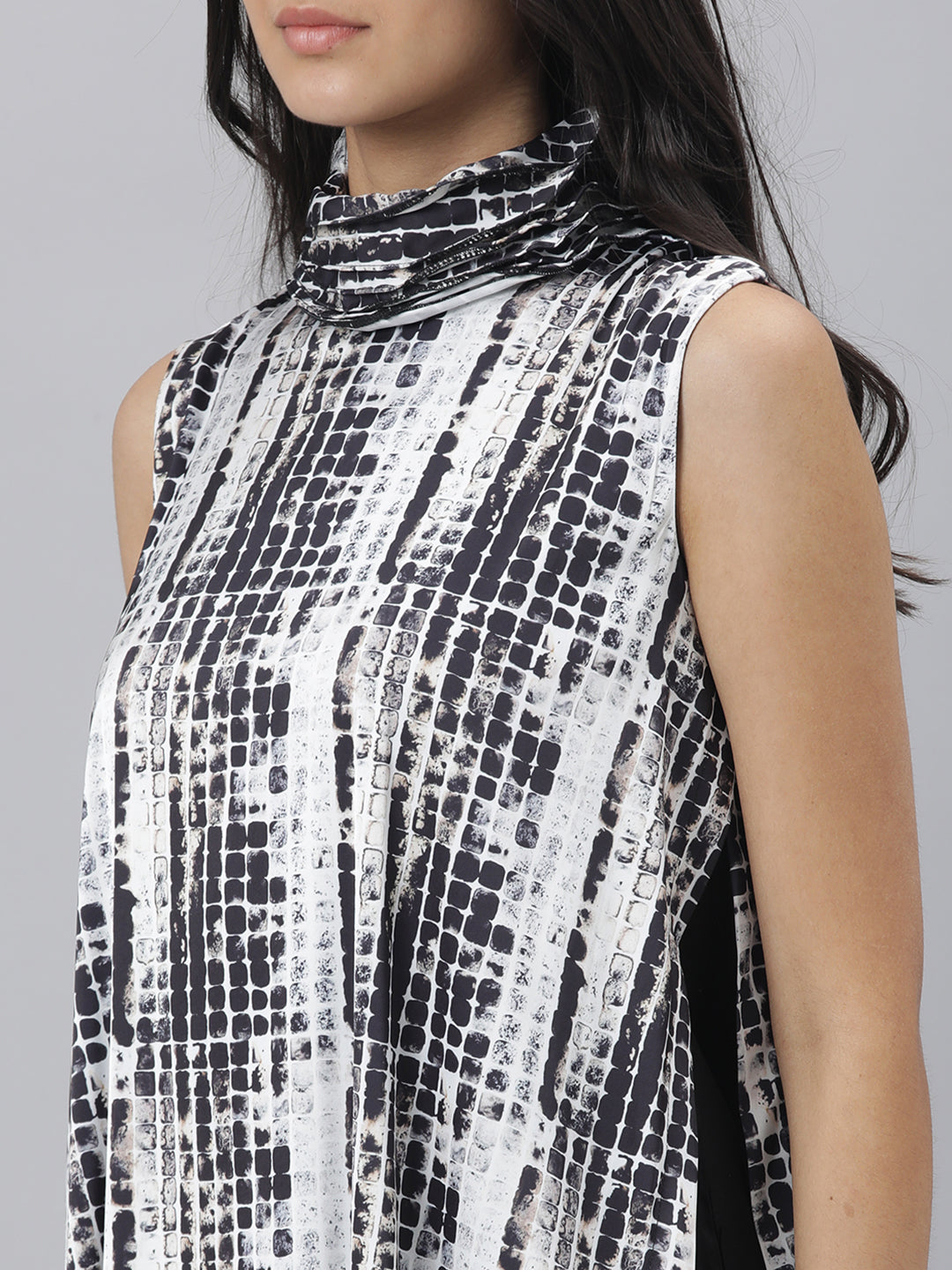 Rareism Women Pash Black Abstract Print High Neck Ruffled Collar Sleeveless With Full Side Slit Maxi Dress