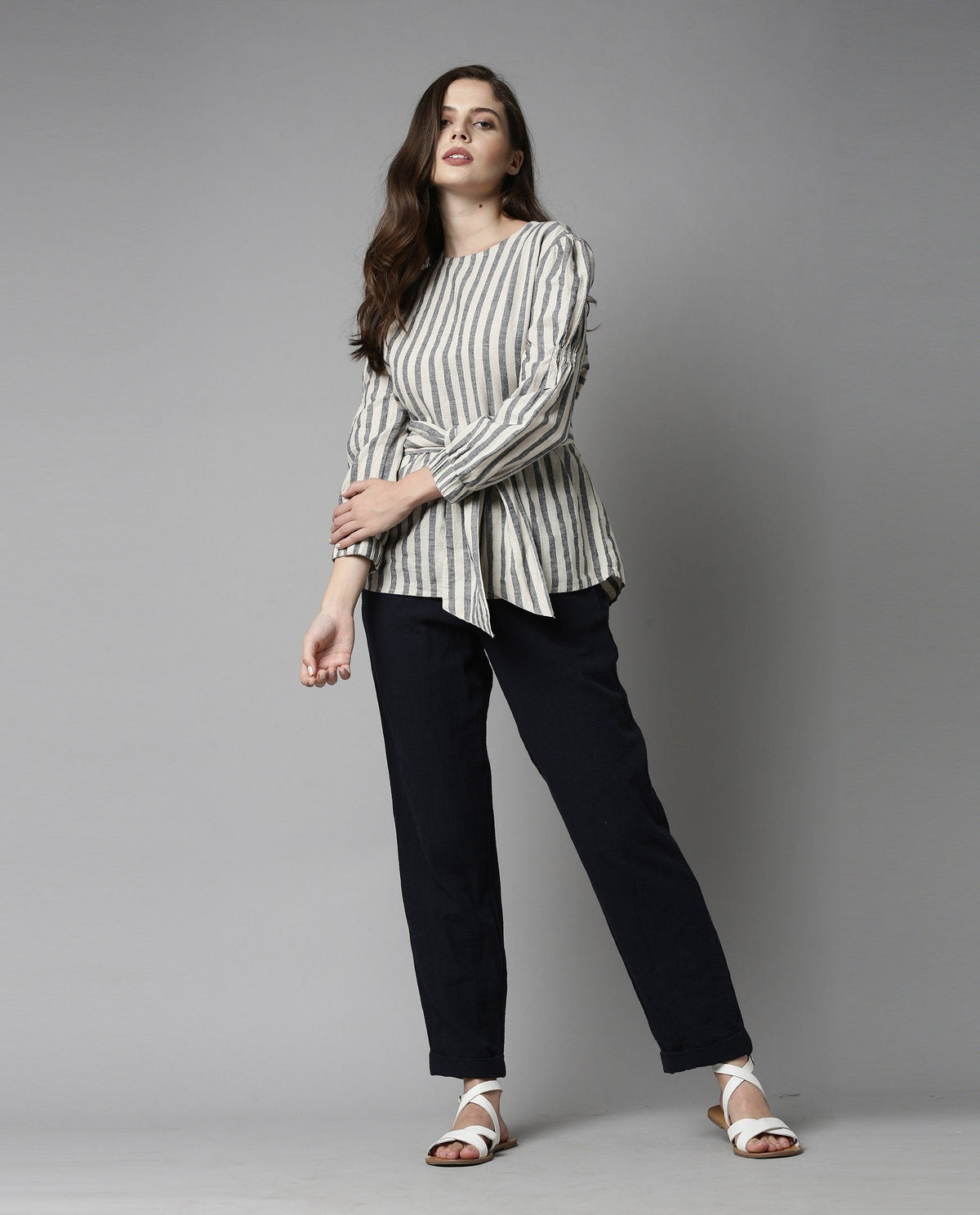 Rareism Women Ceris Navy Top Short Sleeves Stripe