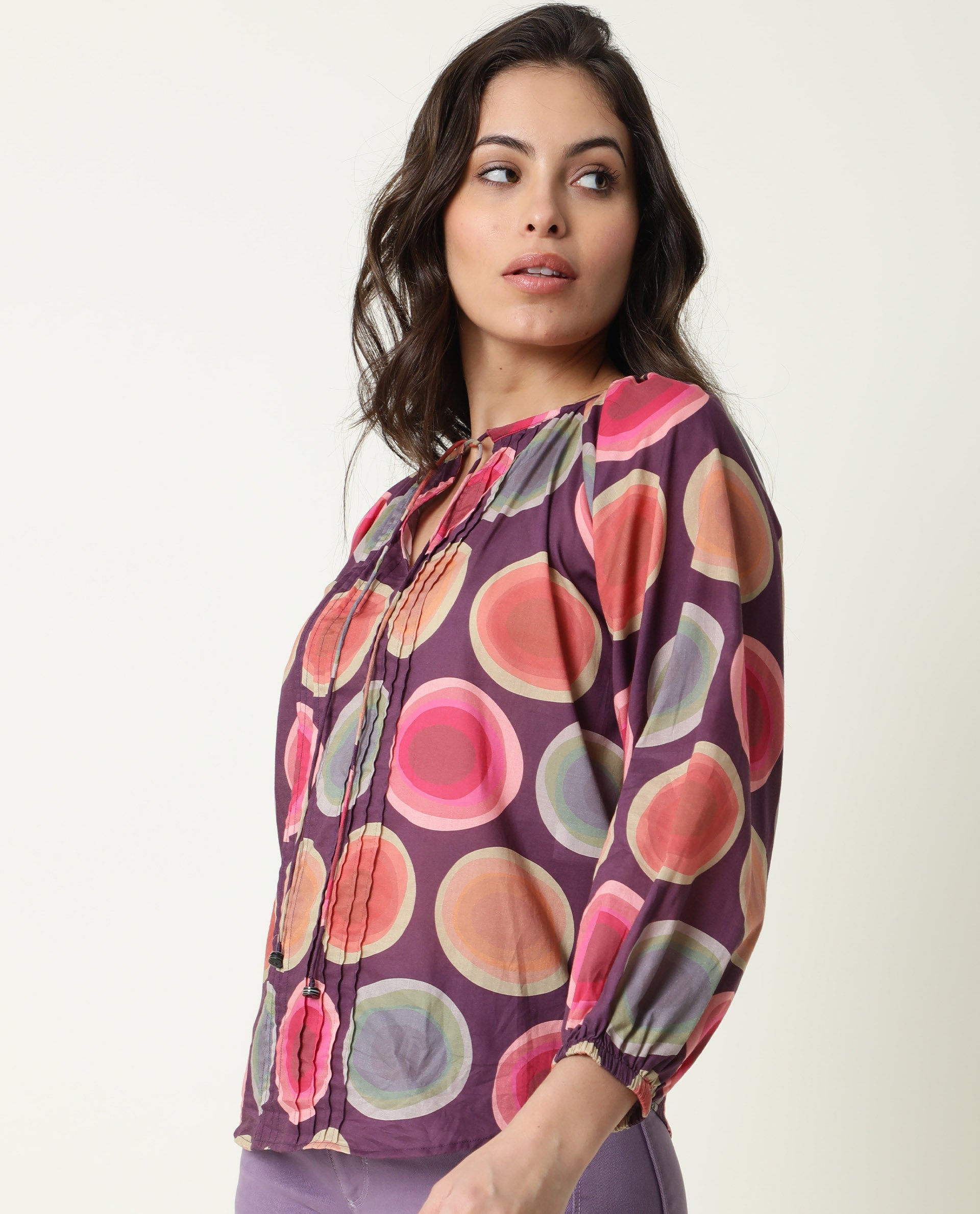 Rareism Women Orlie Purple Cotton Fabric Relaxed Fit Key Hole Neck 3/4Th Sleeves Geometric Print Top