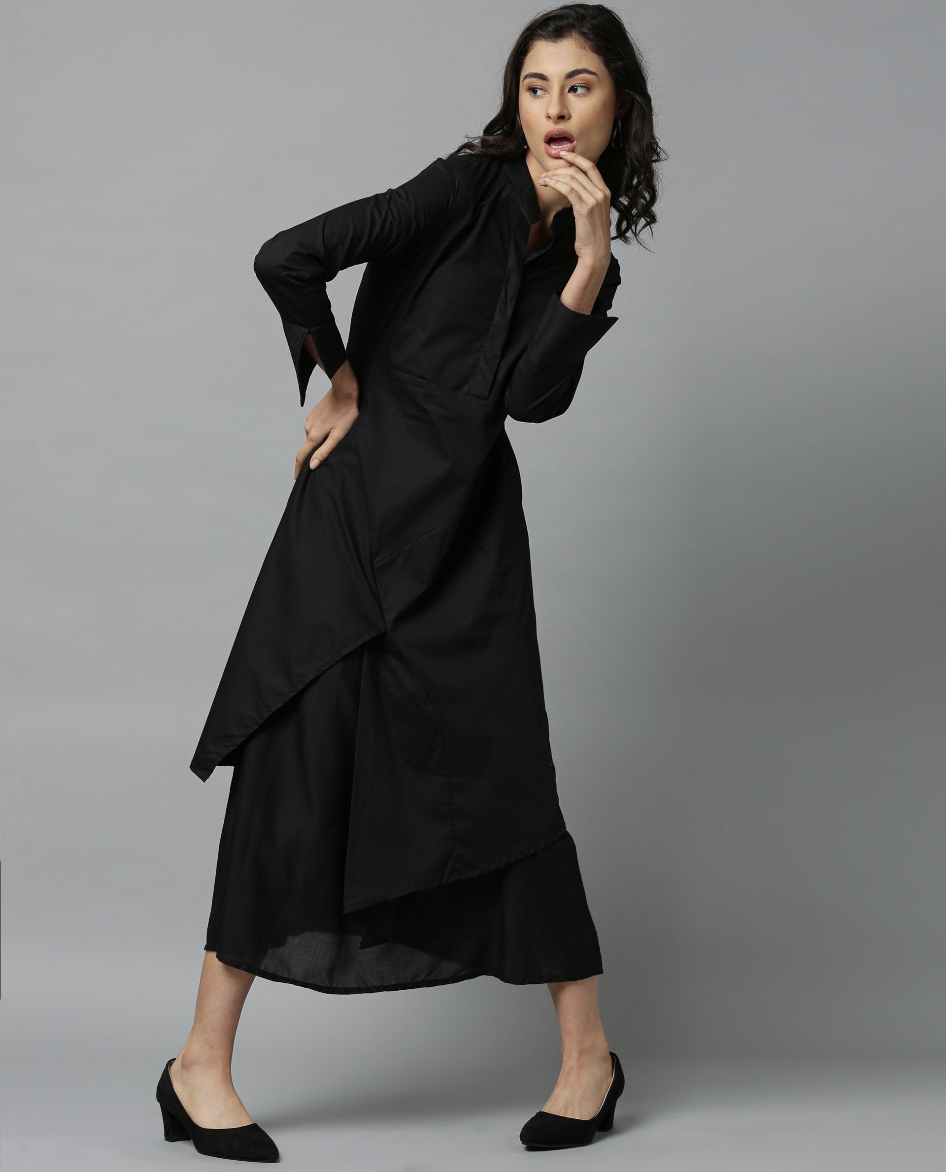 Rareism Women Petal Black Dress Full Sleeves