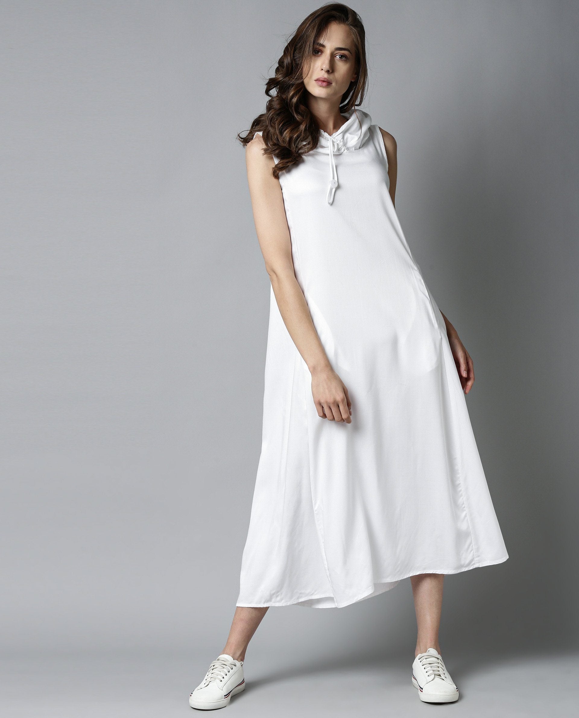Rareism Womens Cruise White Dress Cotton Fabric Regular Fit Sleeveless Round Neck