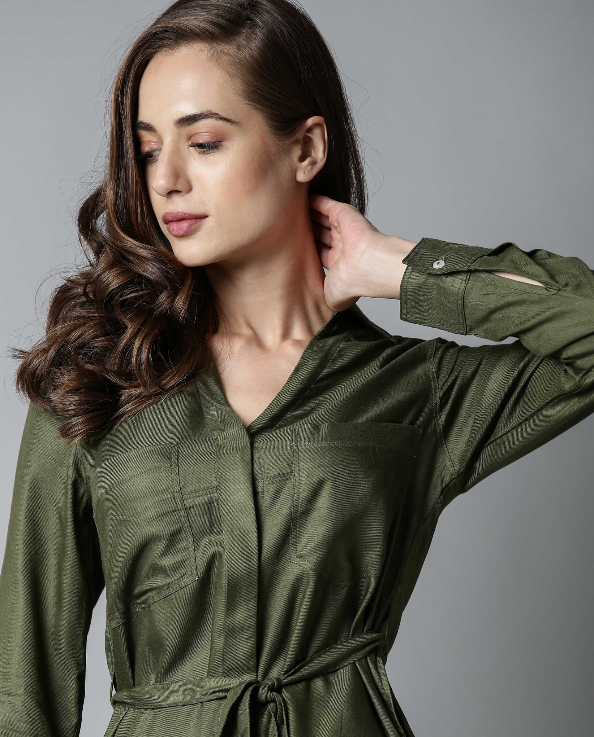 Rareism Women London-Rz Green Dress Full Sleeves Solid