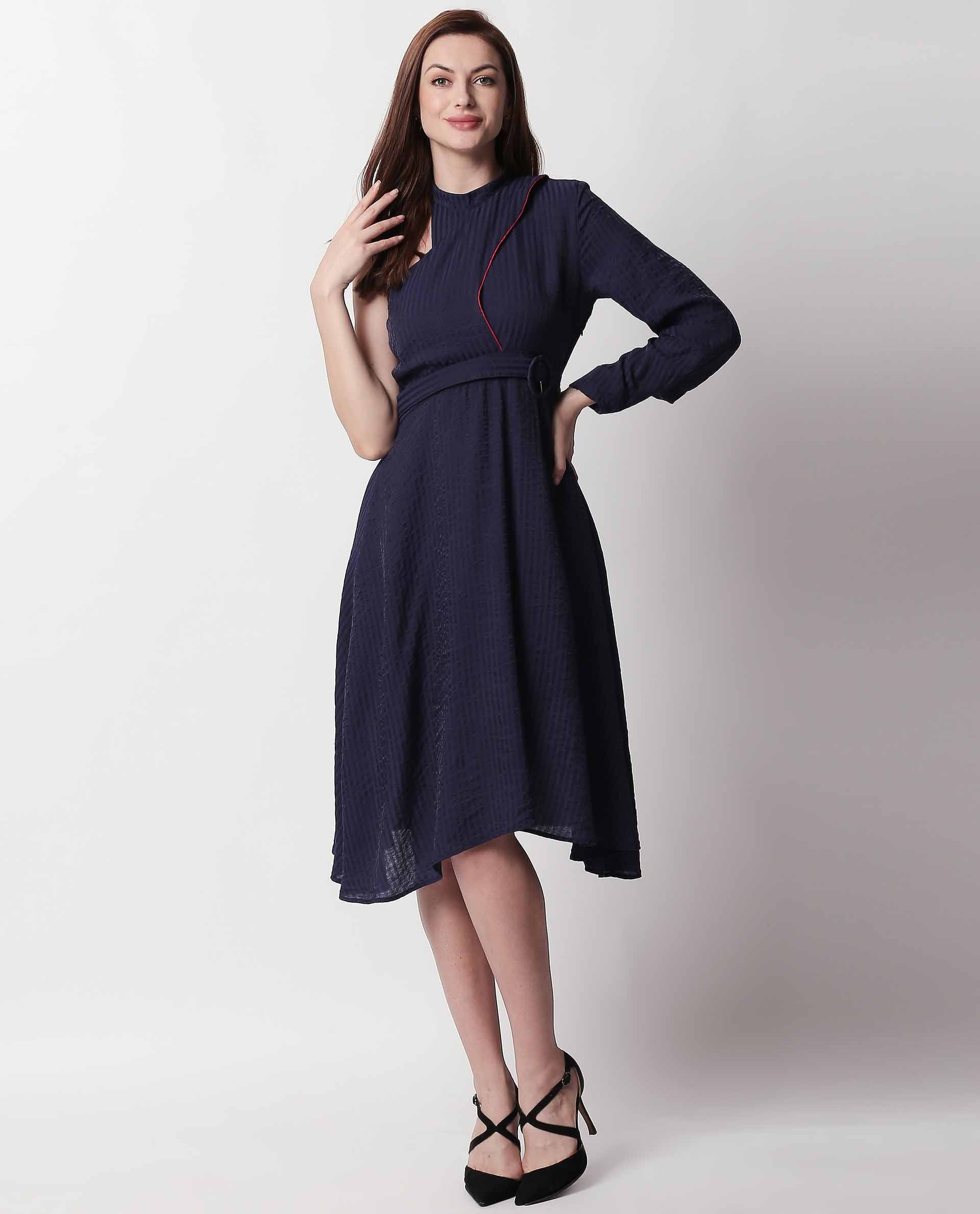 Rareism Women Carnival Navy One Shoulder Full Sleeve With Fabric Waist Belt Flared Knee Length Dress