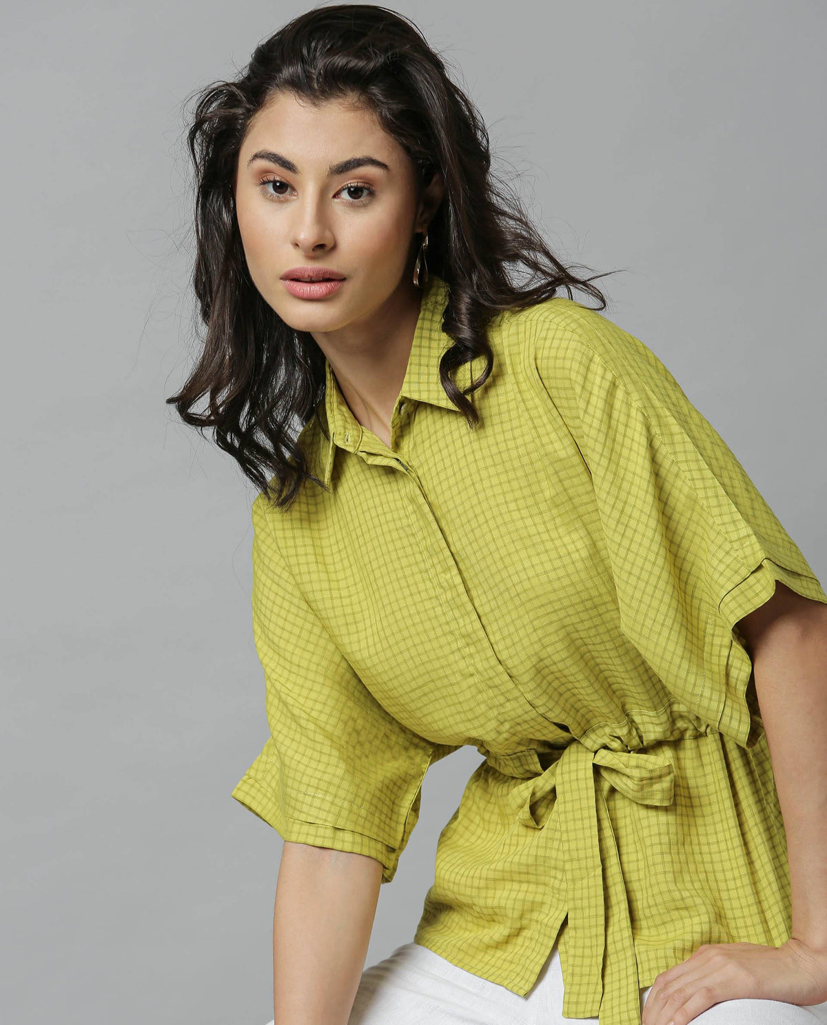 Rareism Women Dope Green Top Short Sleeves Checks