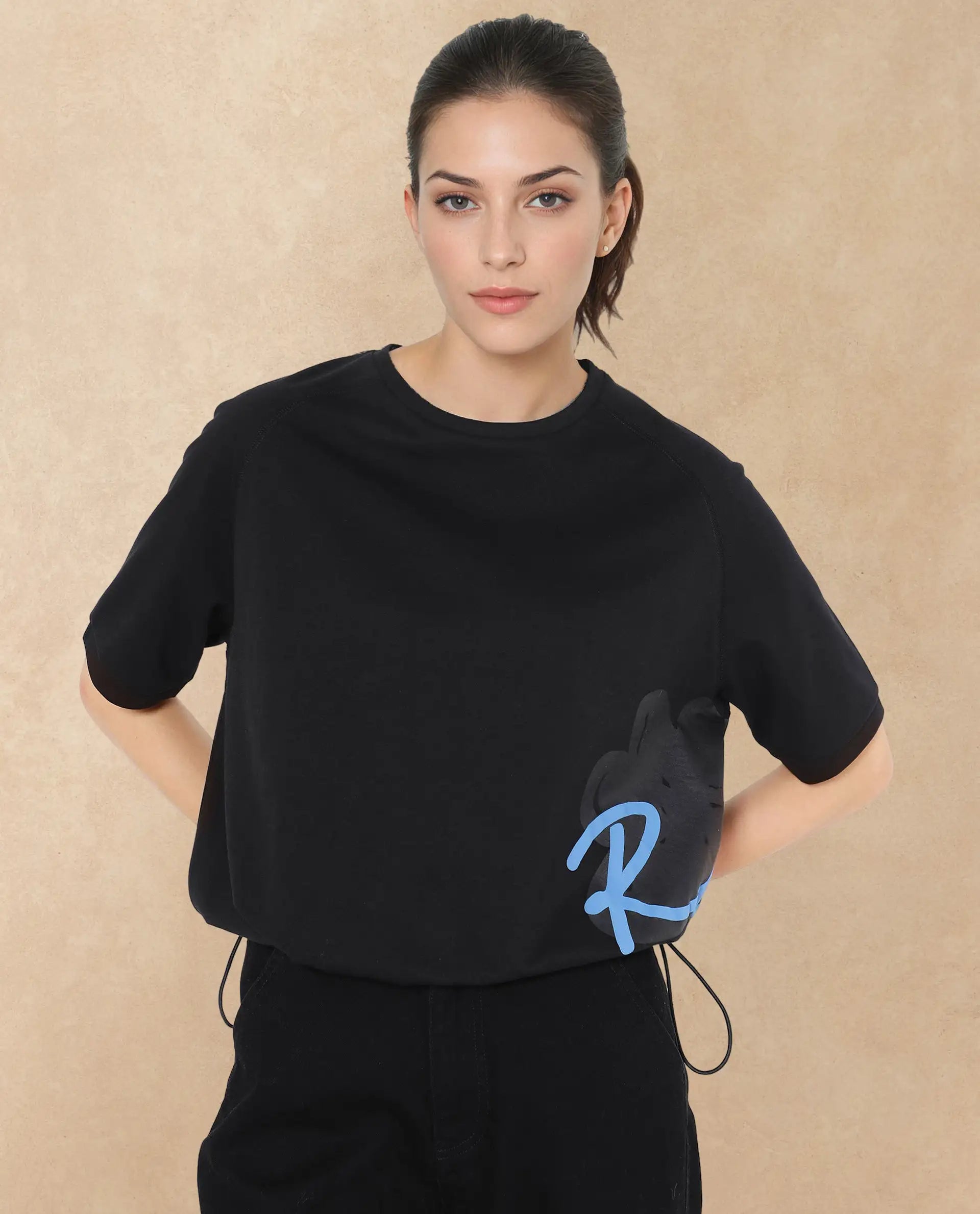 Rareism Women Marco Black Cotton Lycra Fabric Short Sleeve Crew Neck Graphic Print T-Shirt