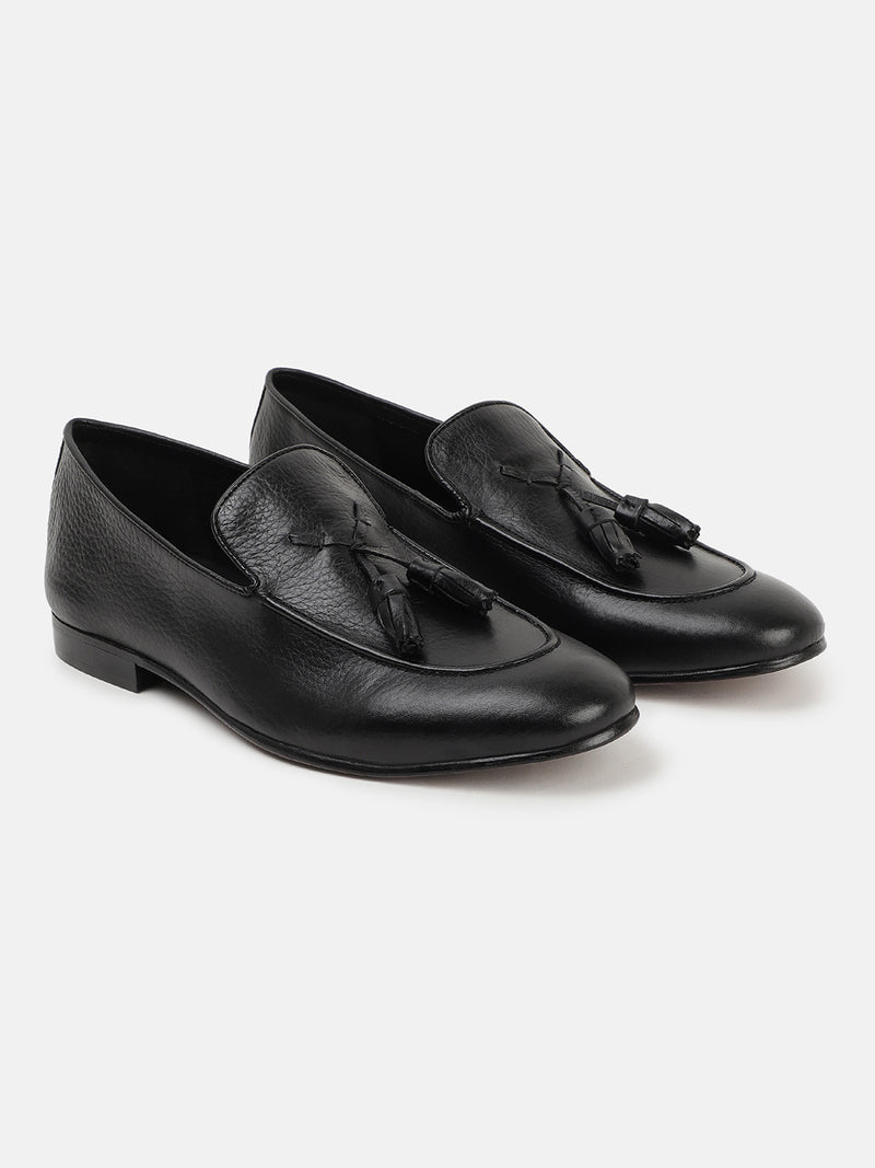 Rare Rabbit Men's Archie Black Slip-On Style Tassel Formal  Leather Loafers Shoes