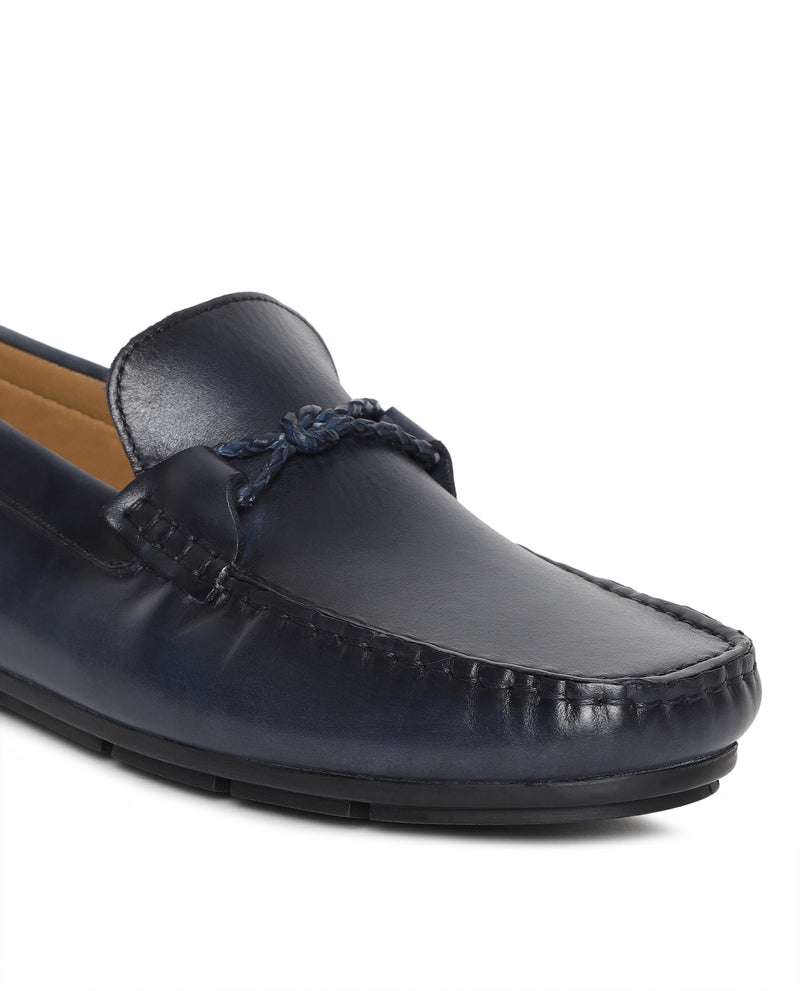 Rare Rabbit Men's Libson Navy Slip-On Style Hand Woven Saddle Leather Loafers Shoes