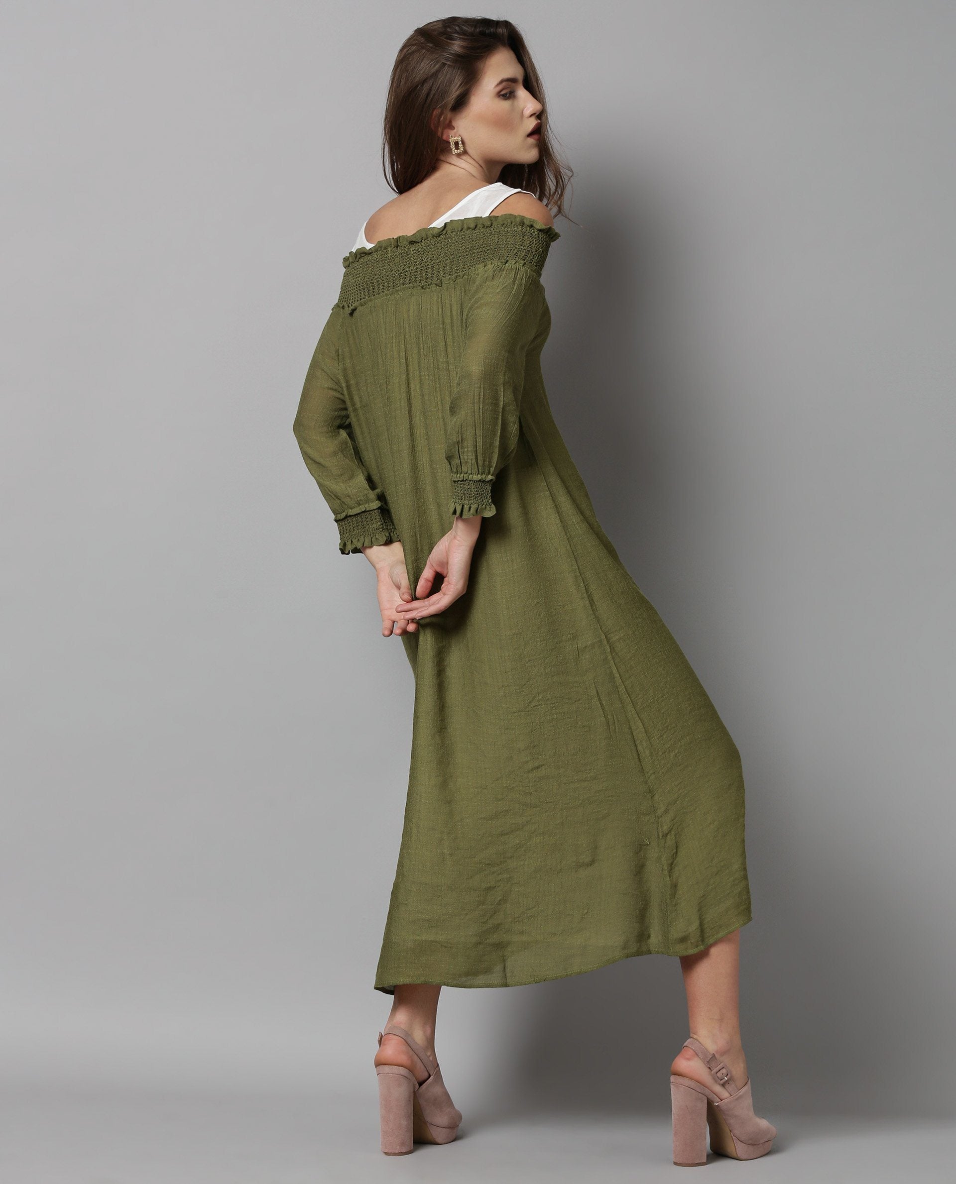 Rareism Women Amber Green Dress Short Sleeves
