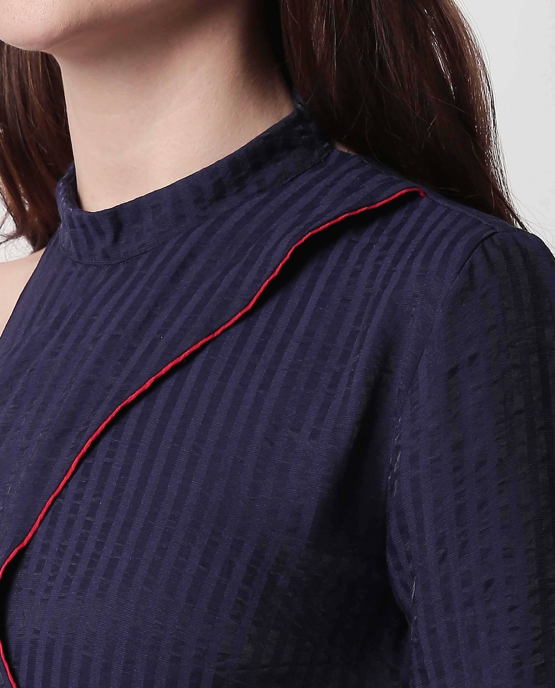 Rareism Women Carnival Navy One Shoulder Full Sleeve With Fabric Waist Belt Flared Knee Length Dress