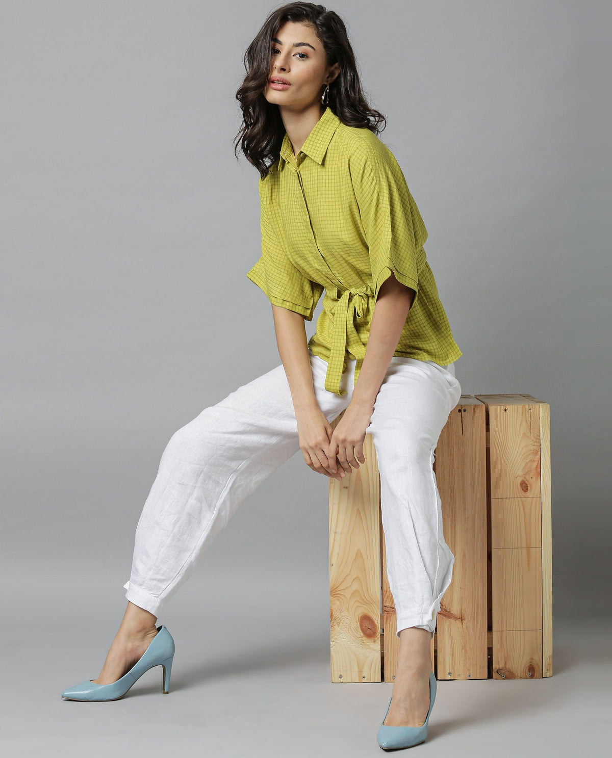 Rareism Women Dope Green Top Short Sleeves Checks
