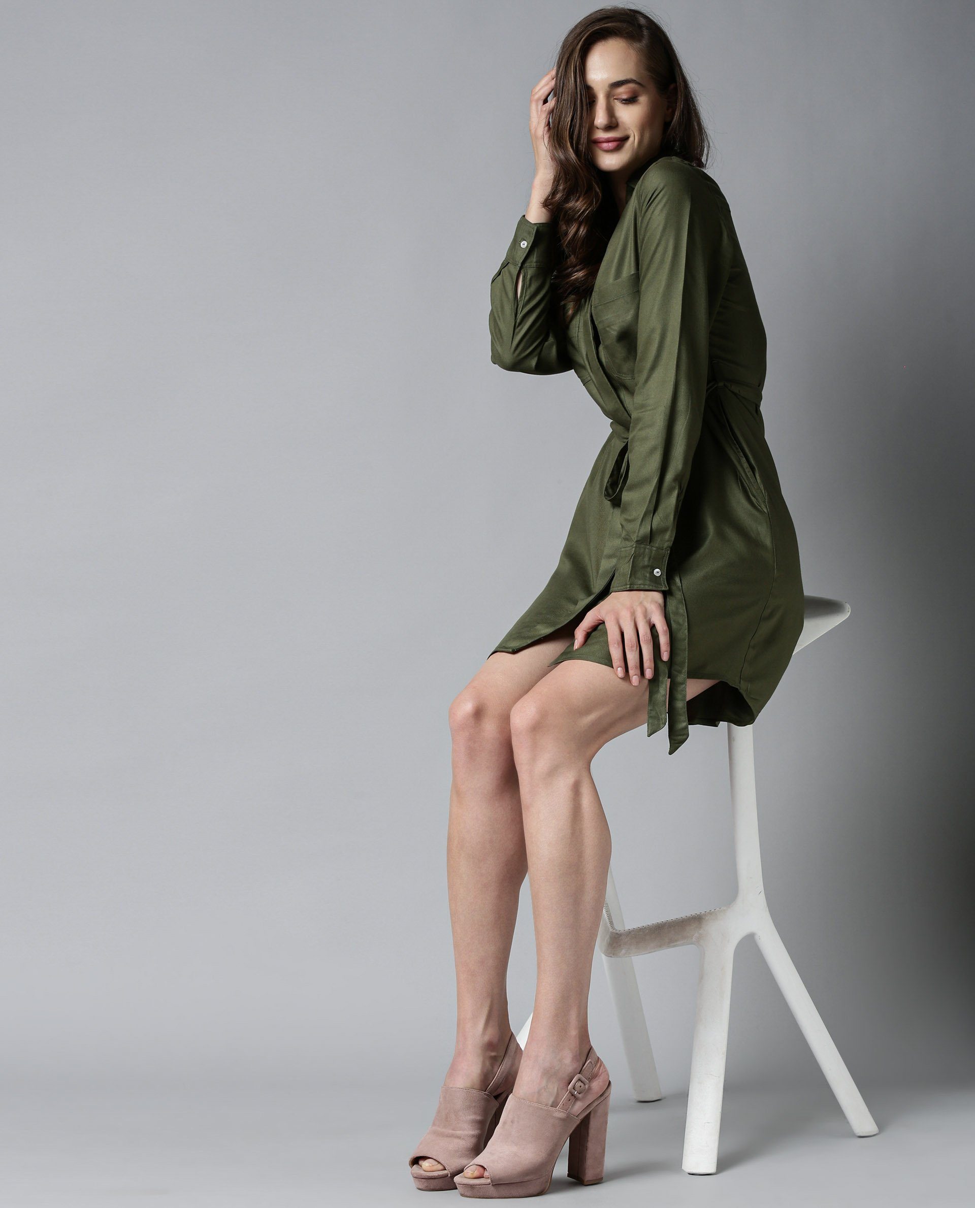 Rareism Women London-Rz Green Dress Full Sleeves Solid