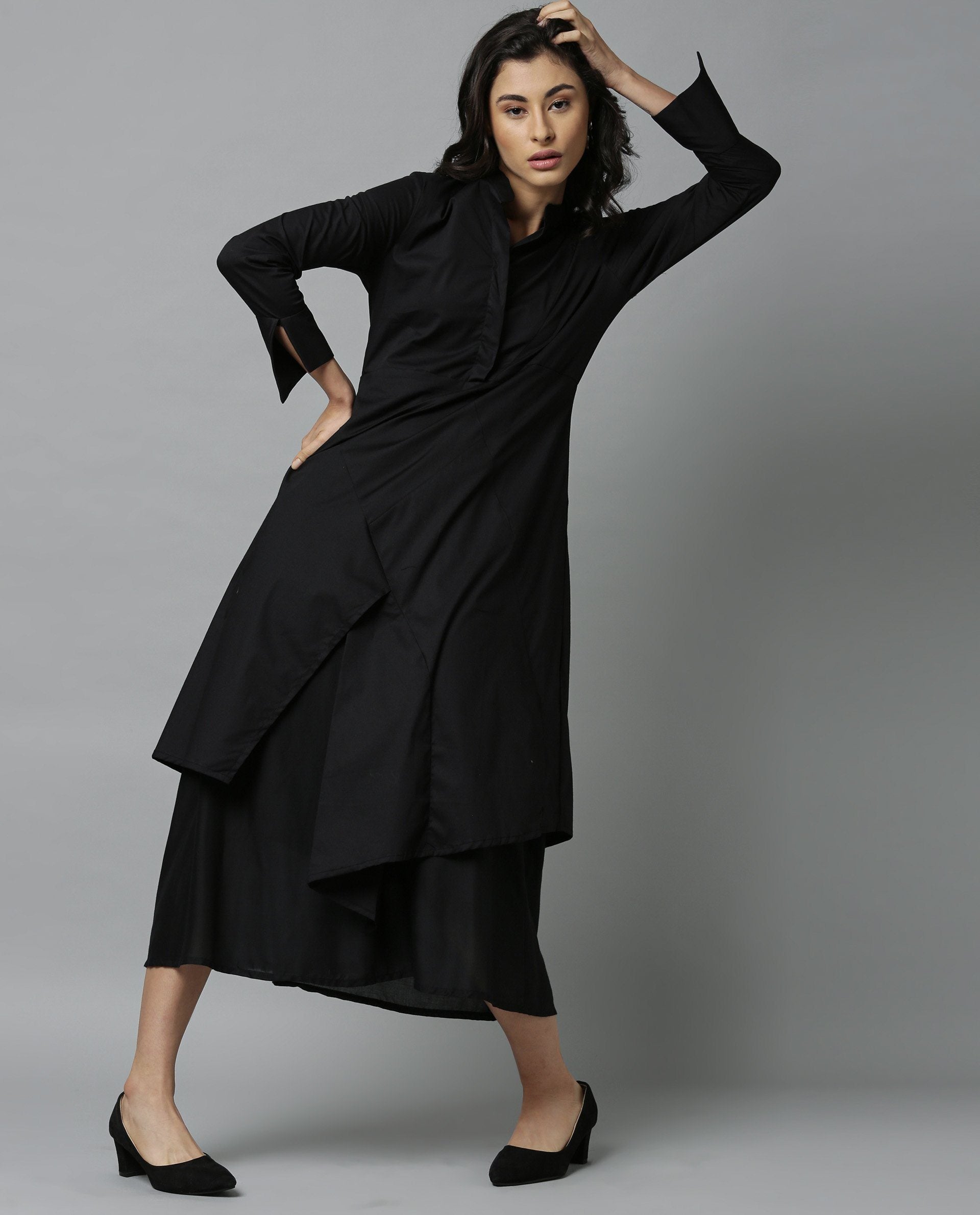 Rareism Women Petal Black Dress Full Sleeves
