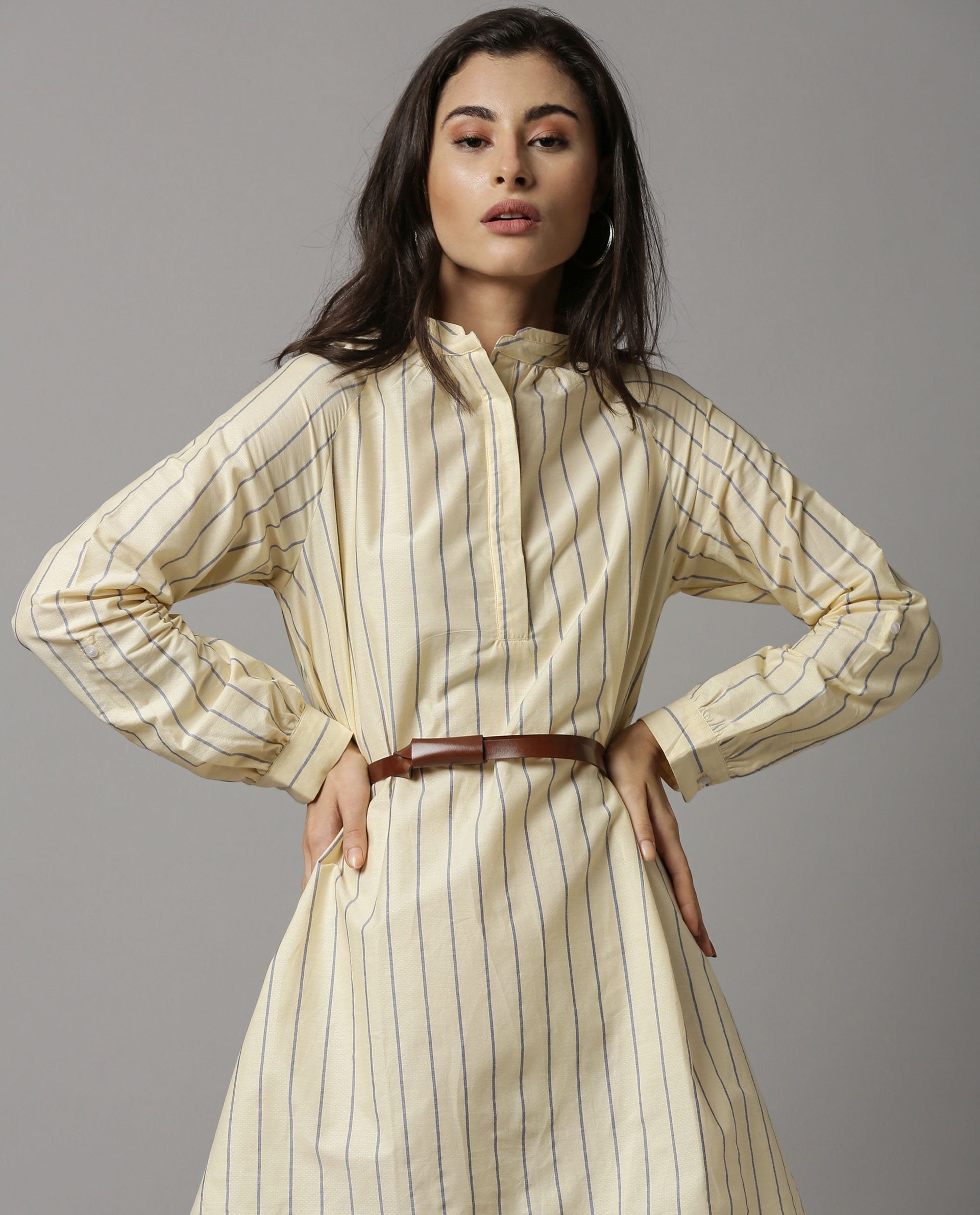 Rareism Women Sally Yellow Dress Full Sleeves Stripe