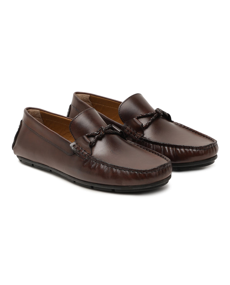 Rare Rabbit Men's Libson1 Brown Slip-On Style Hand Woven Saddle Leather Loafers Shoes