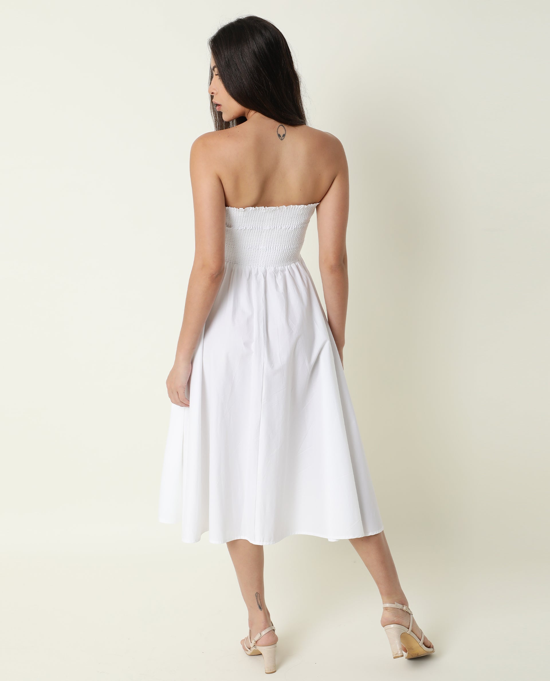 Rareism Womens Nola White Dress Cotton Lycra Fabric Regular Fit Sleeveless Tube Neck
