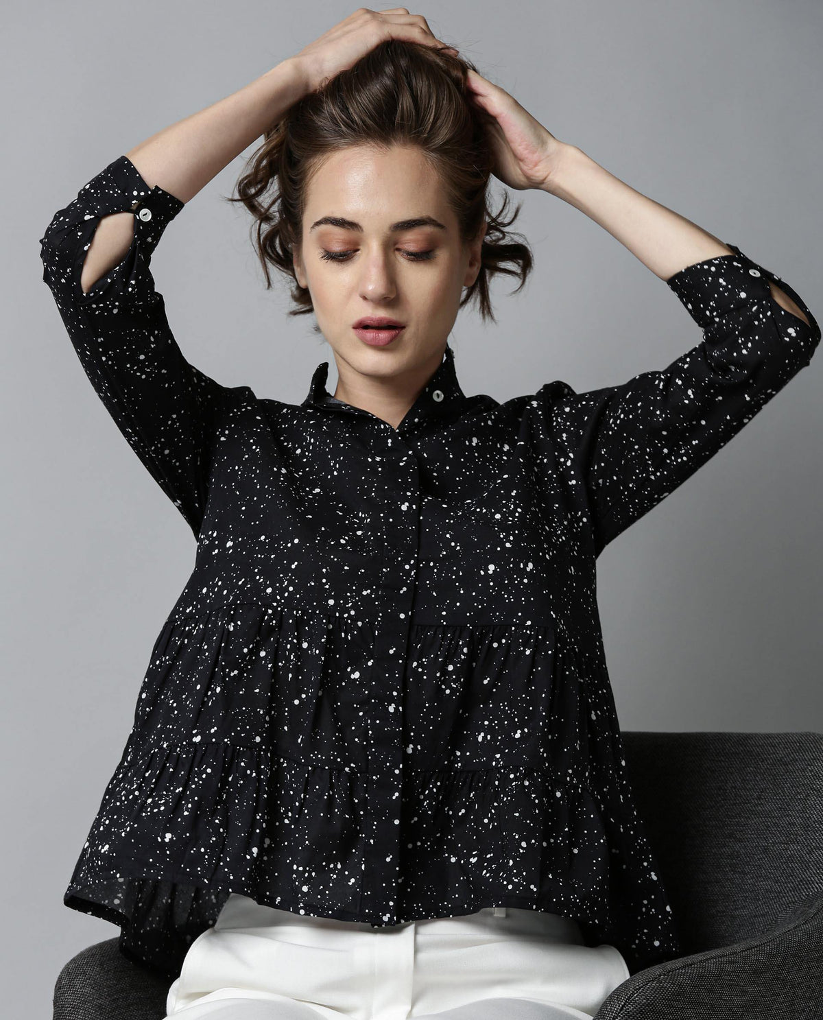 Rareism Women Ola Black Top Full Sleeves Printed