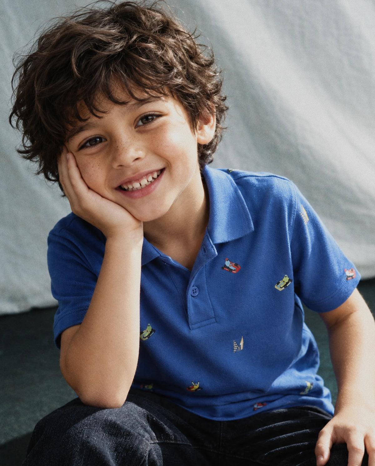 Rare Ones Kids Edric Blue Cotton Fabric Spread Collar Button Closure Regular Fit All Over Print Polo