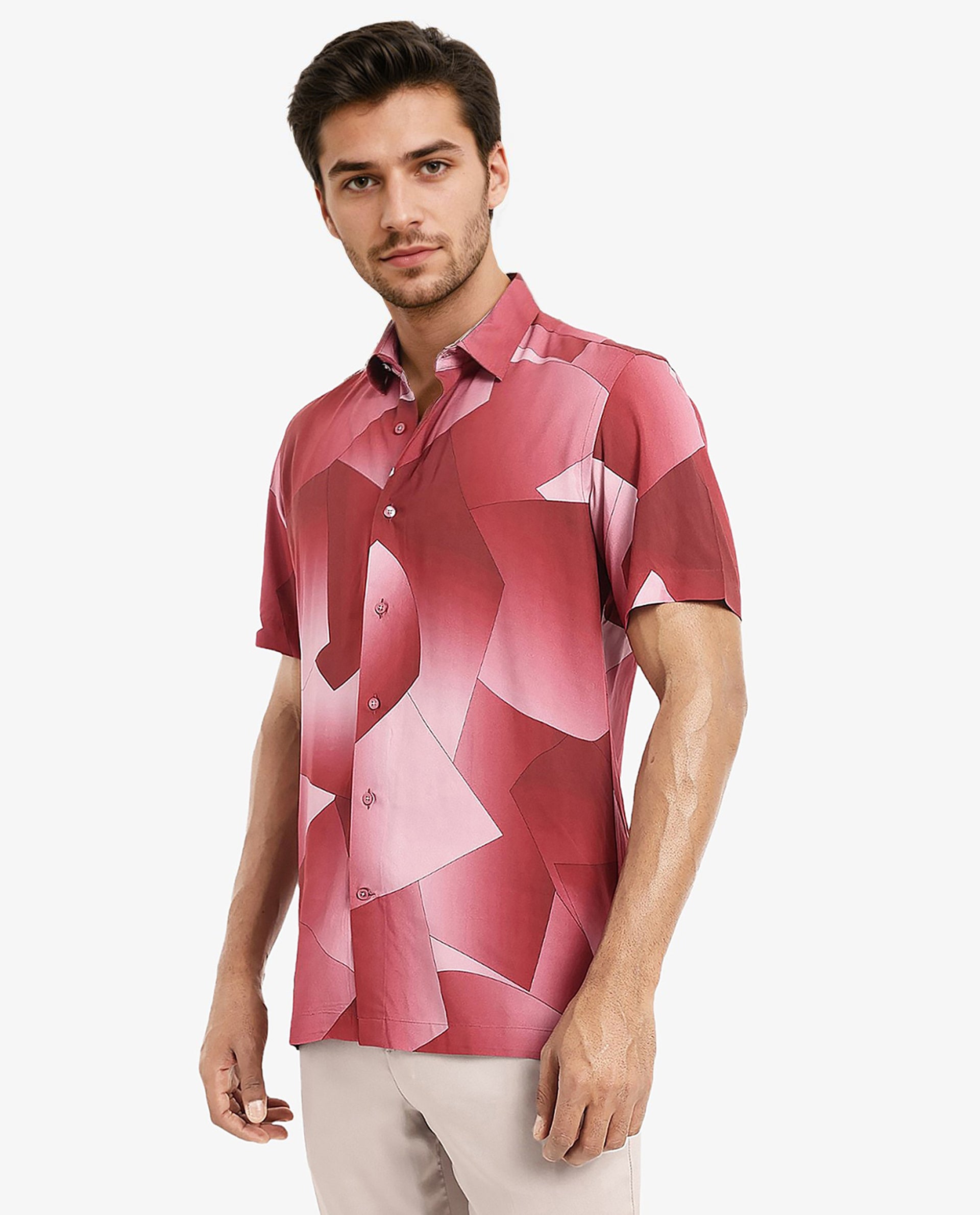 Rare Rabbit Men's Caplets Red Modal Fabric Abstract Print Half Sleeves Shirt