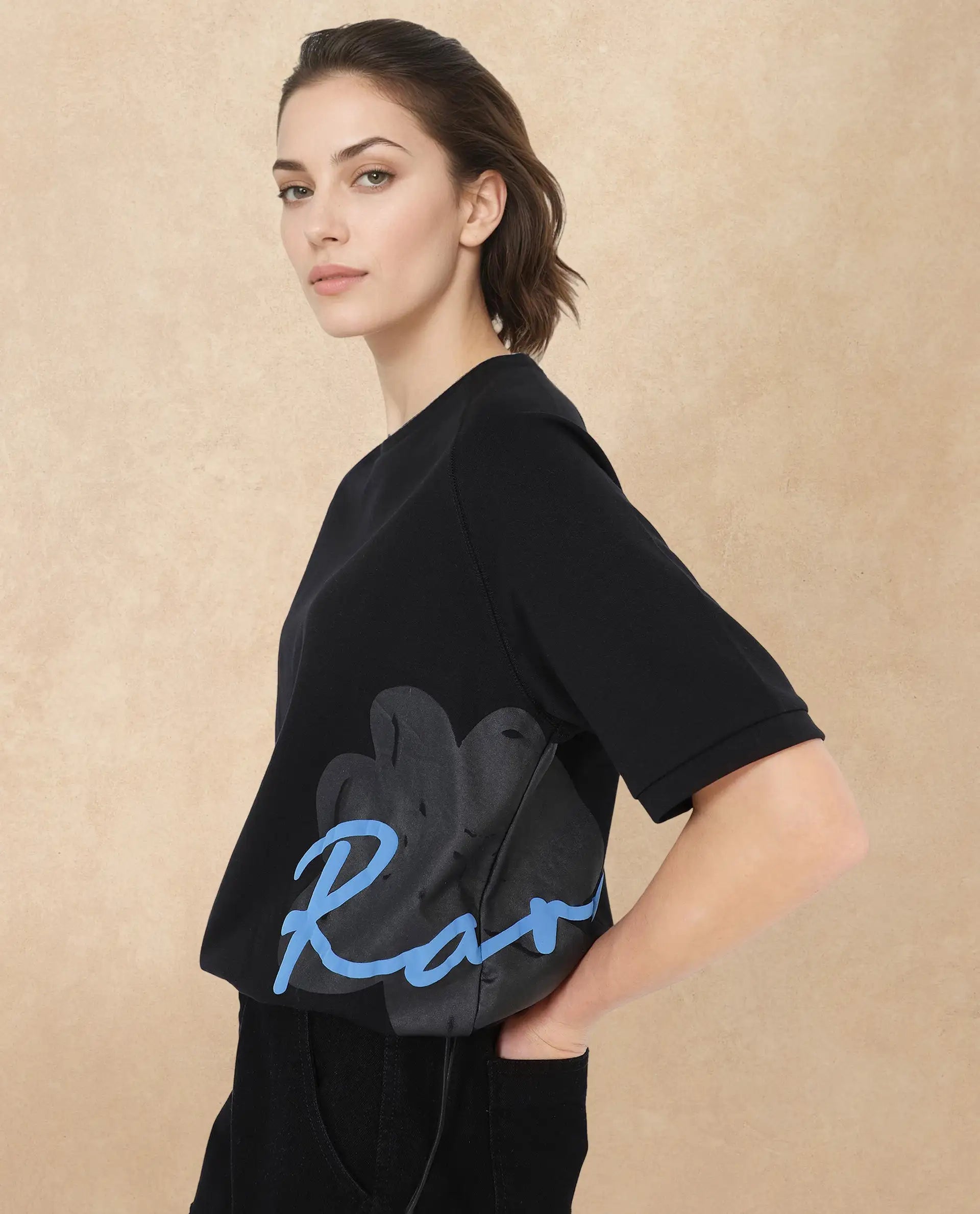 Rareism Women Marco Black Cotton Lycra Fabric Short Sleeve Crew Neck Graphic Print T-Shirt