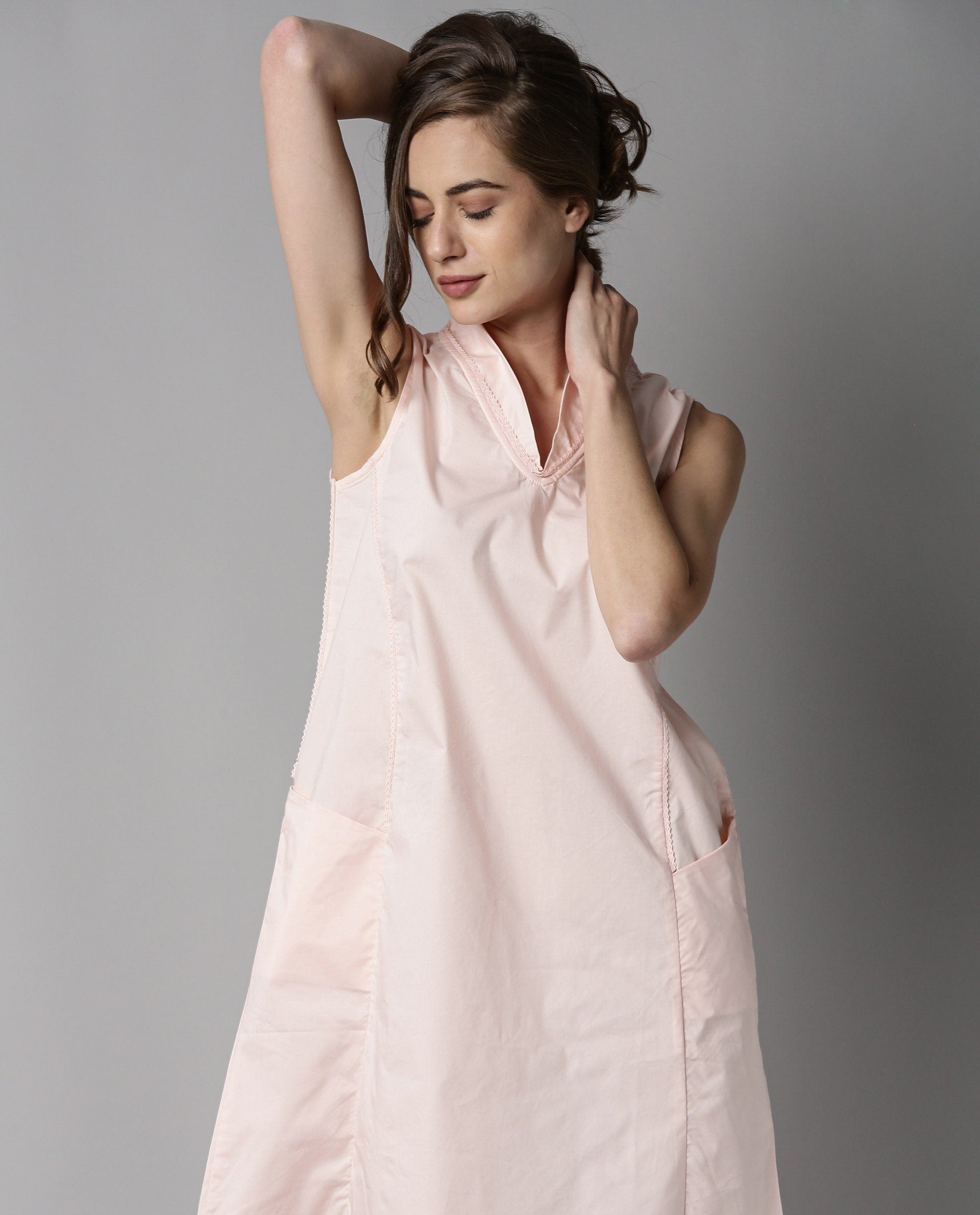 Rareism Womens Dripper Pink Dress Sleeveless Cotton Fabric Shawl Collar Knee Length