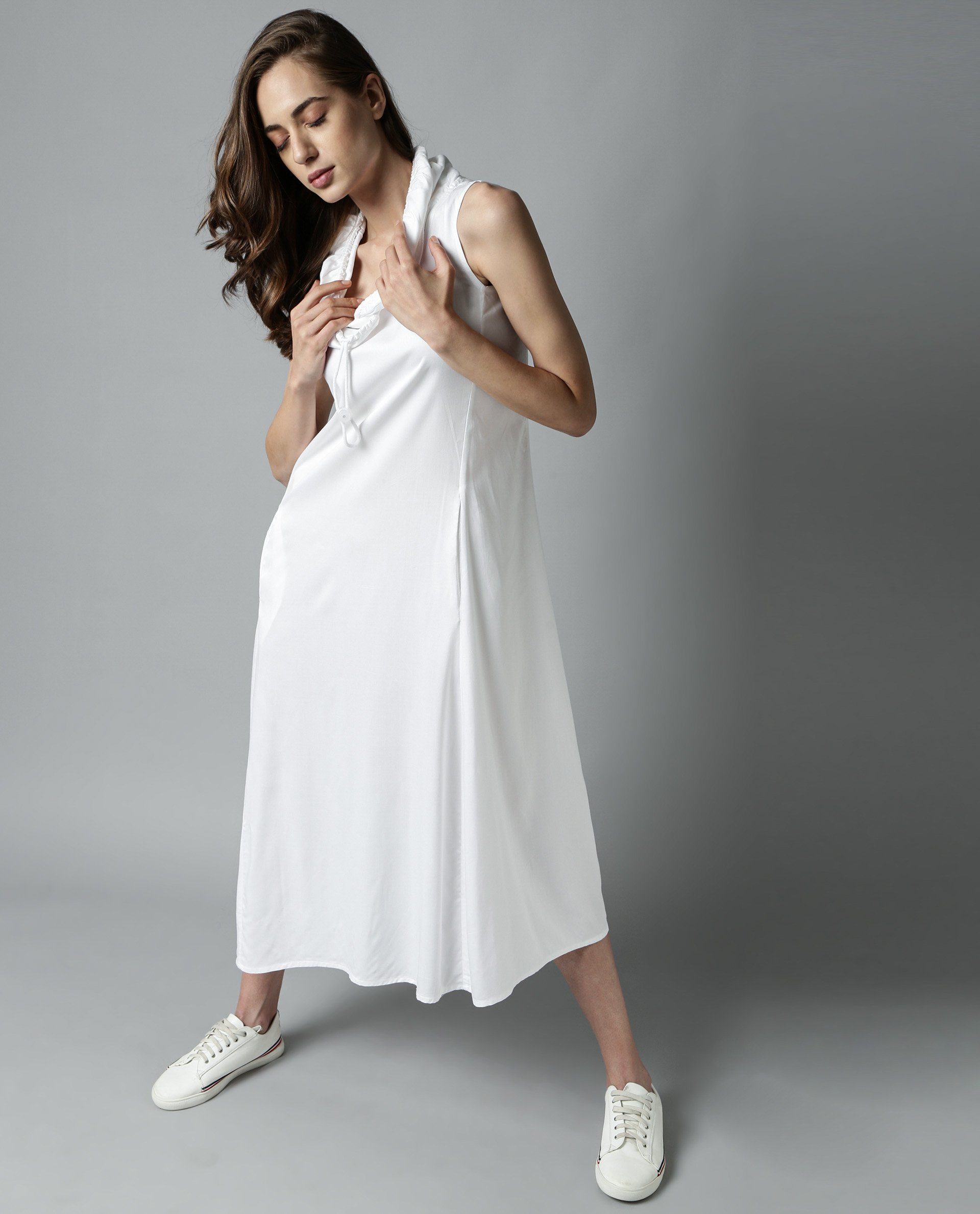 Rareism Womens Cruise White Dress Cotton Fabric Regular Fit Sleeveless Round Neck