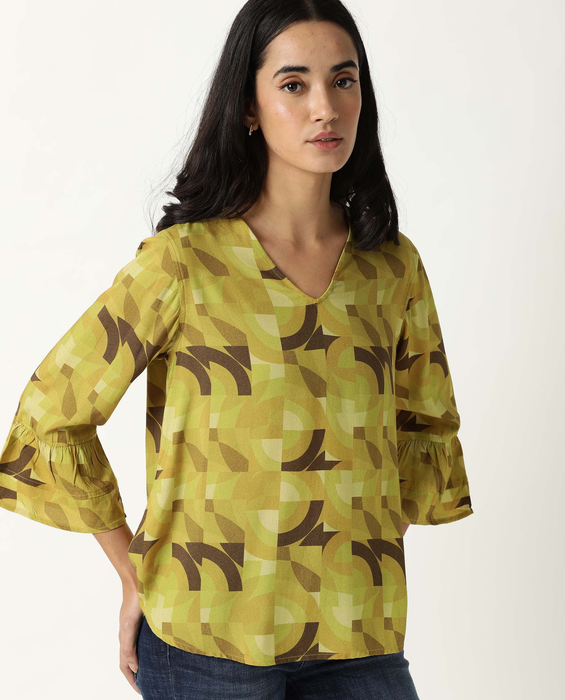 Rareism Womens Flex Green Top Regular Fit Balloon Sleeve V Neck