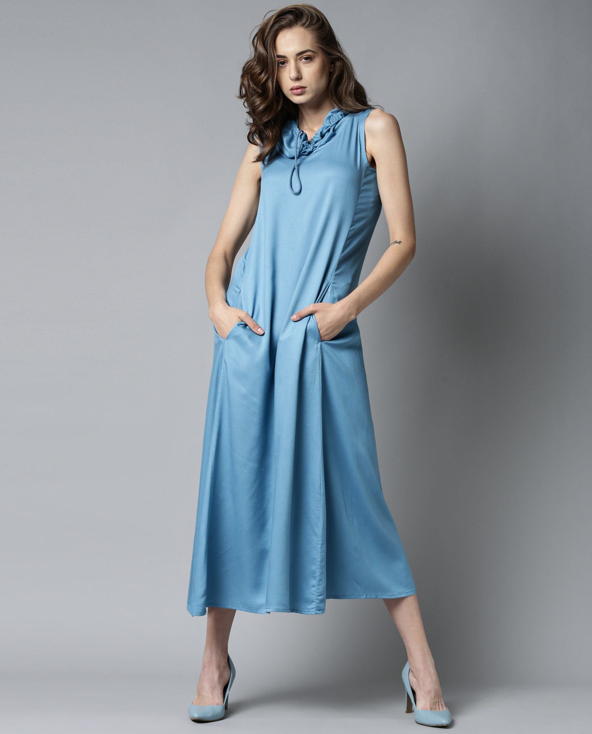 Rareism Womens Cruise Blue Dress Cotton Fabric Regular Fit Sleeveless Round Neck