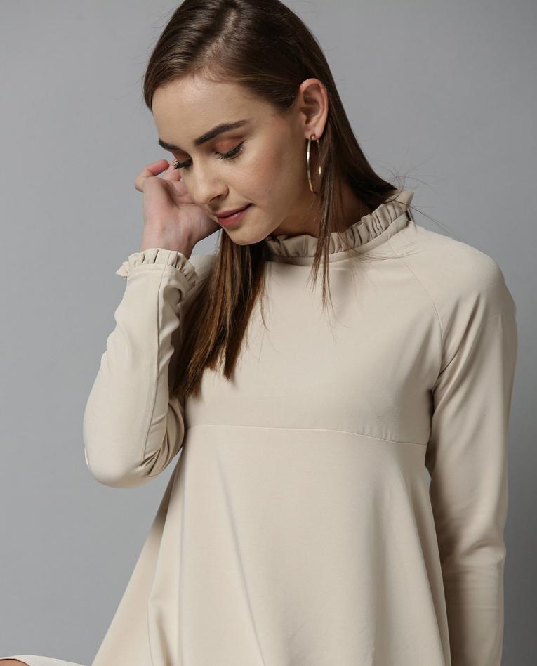 Rareism Women Concert Beige Dress Full Sleeves Solid