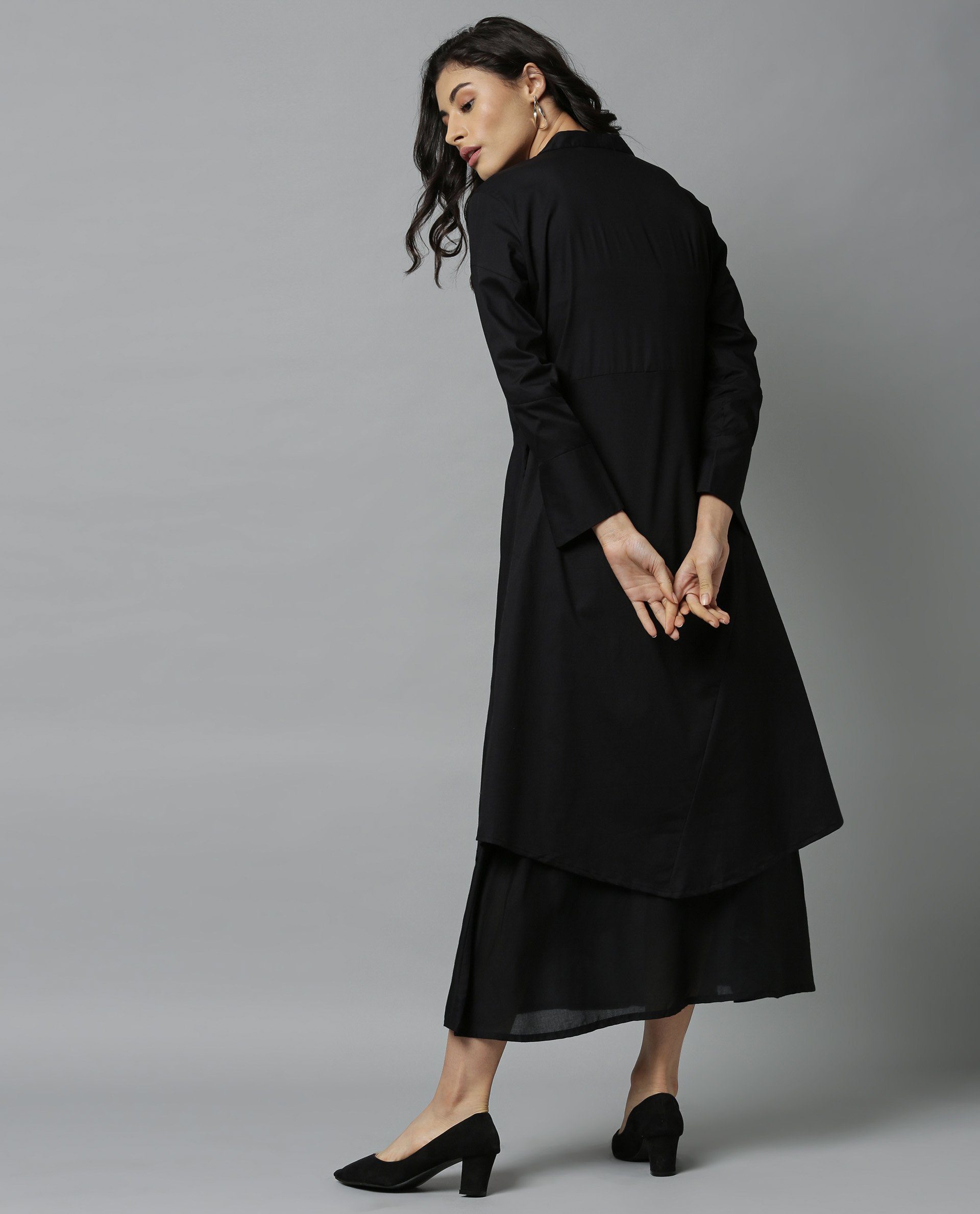 Rareism Women Petal Black Dress Full Sleeves