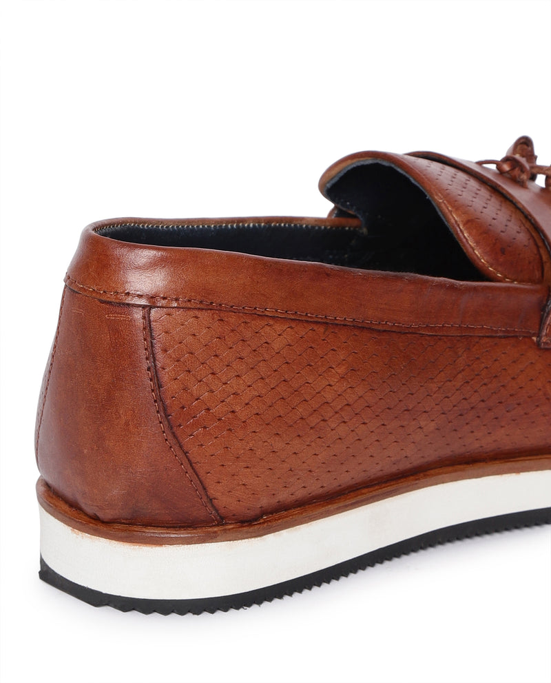 Rare Rabbit Men's Arc Tan Slip-On Style Hand Woven Tassel Leather Moccasins Shoes