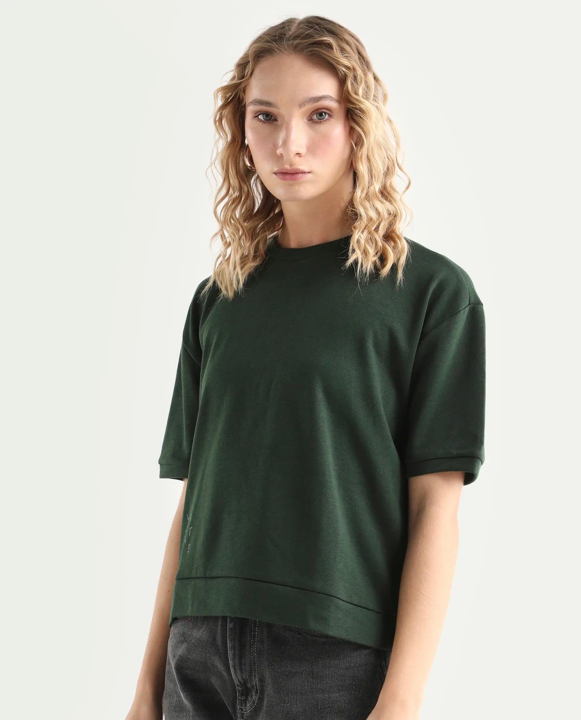 Rareism Women's Medium Weight Terry 290 Gsm Cotton Crew Neck Plain Relaxed Fit Sweat Tee