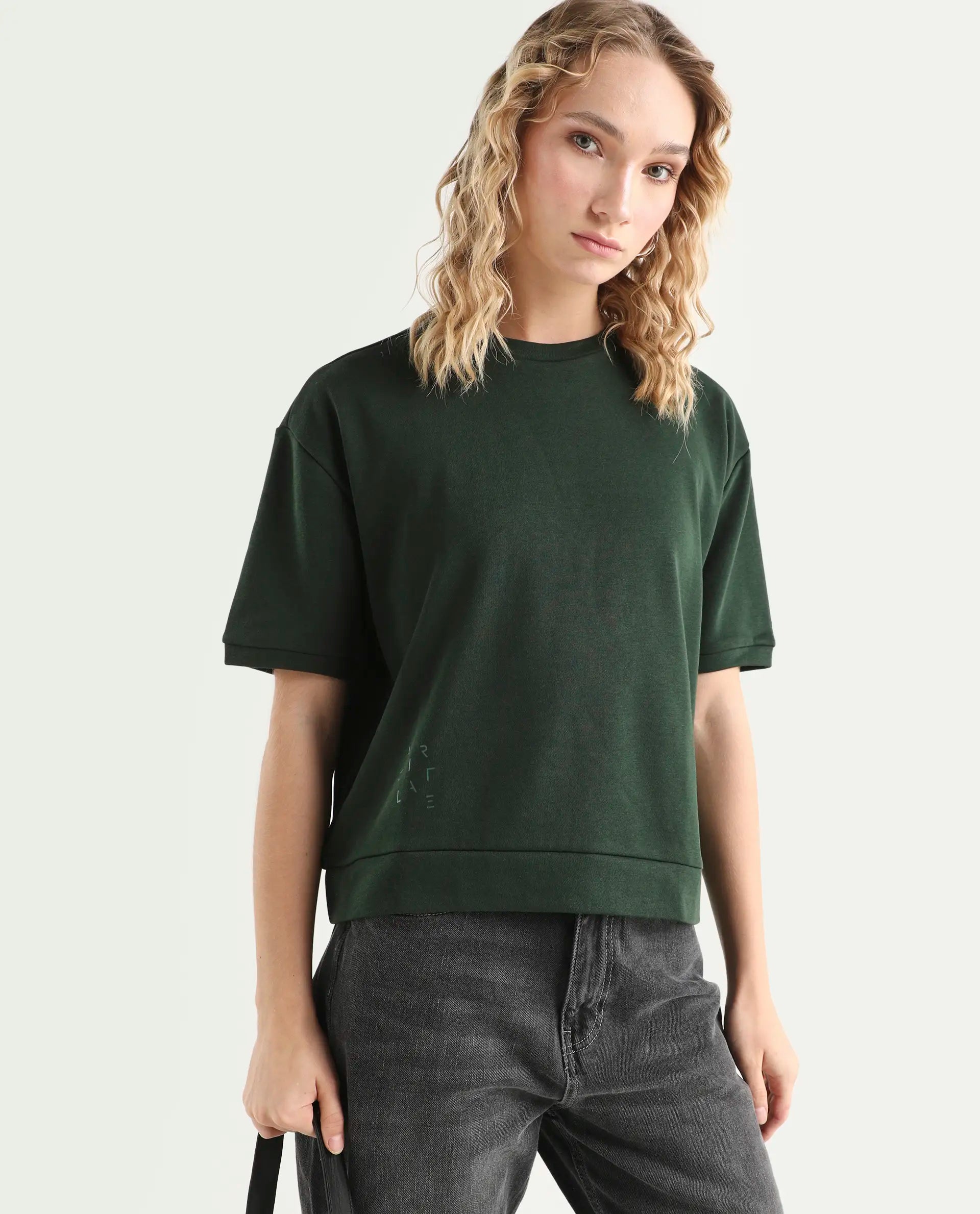 Rareism Women's Medium Weight Terry 290 Gsm Cotton Crew Neck Plain Relaxed Fit Sweat Tee