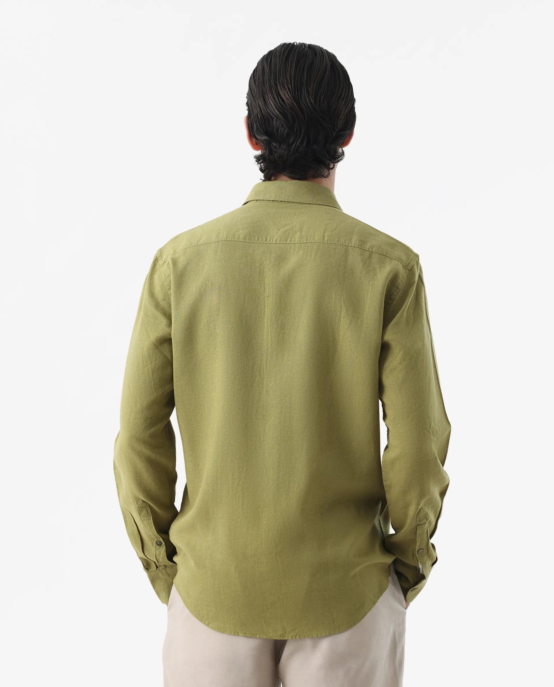 Rare Rabbit Men's Genova Green 100% Linen Regular Fit Full Sleeve Cutaway Collar Shirt