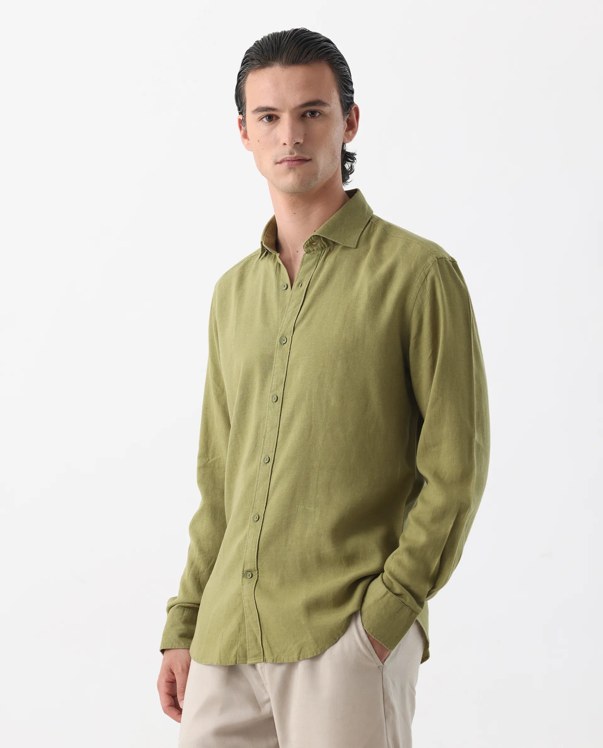 Rare Rabbit Men's Genova Green 100% Linen Regular Fit Full Sleeve Cutaway Collar Shirt