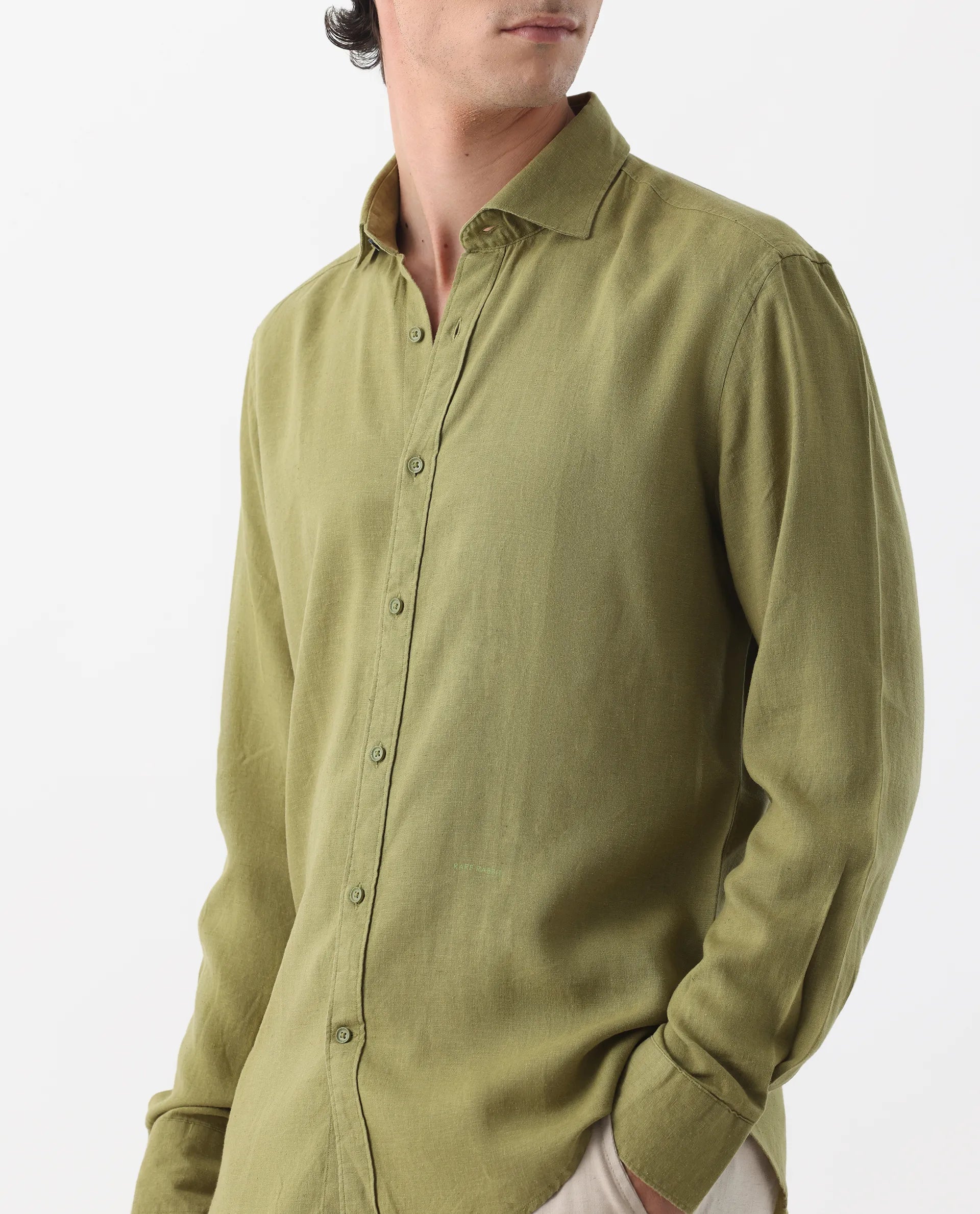 Rare Rabbit Men's Genova Green 100% Linen Regular Fit Full Sleeve Cutaway Collar Shirt